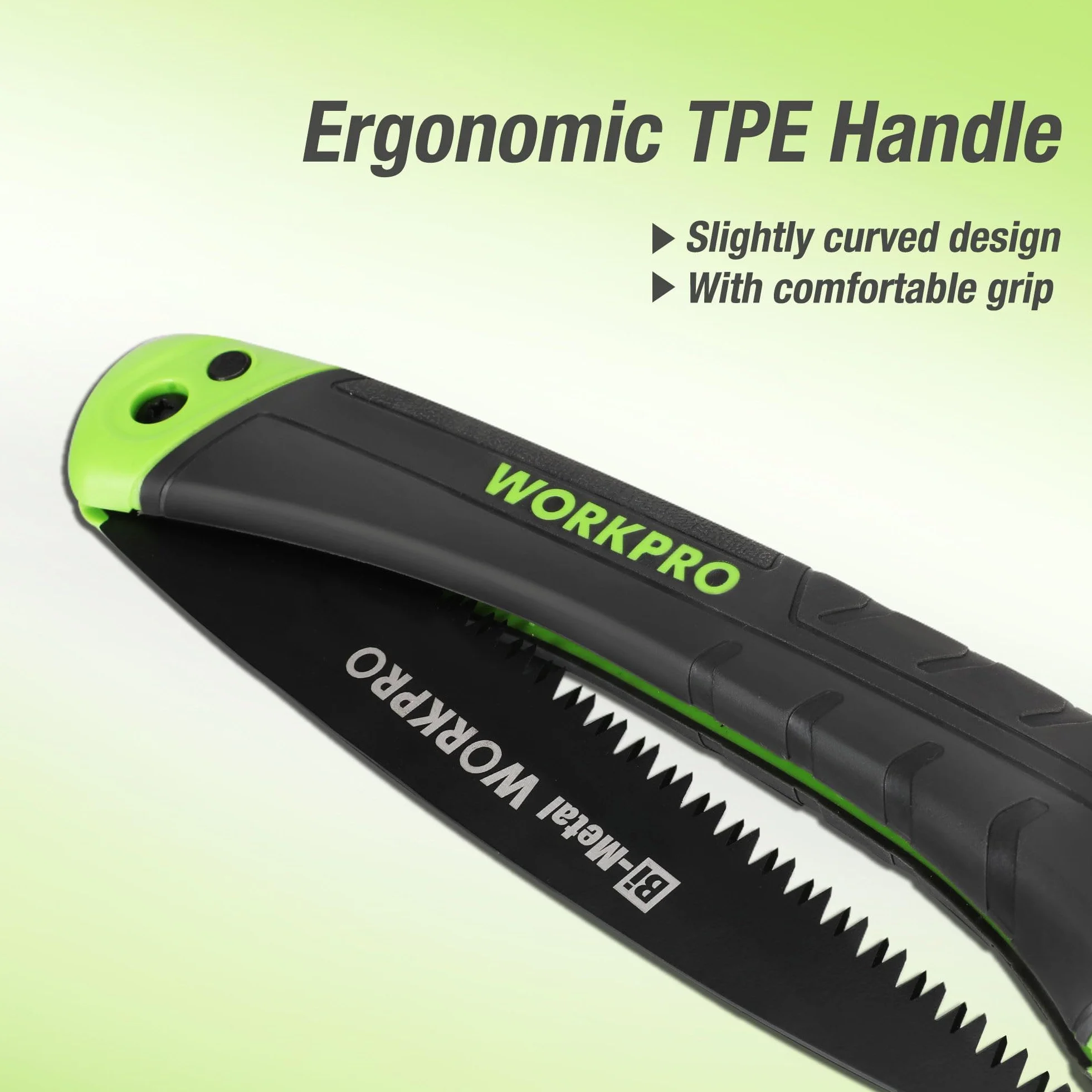 WORKPRO Piła do przycinania, składana piła ręczna 18 cm z bezpiecznym zamkiem, bimetalowy brzeszczot D6A+M2, potrójne zęby, przycisk, miękki uchwyt, składana piła do drewna, ogrodnictwa, na kemping,