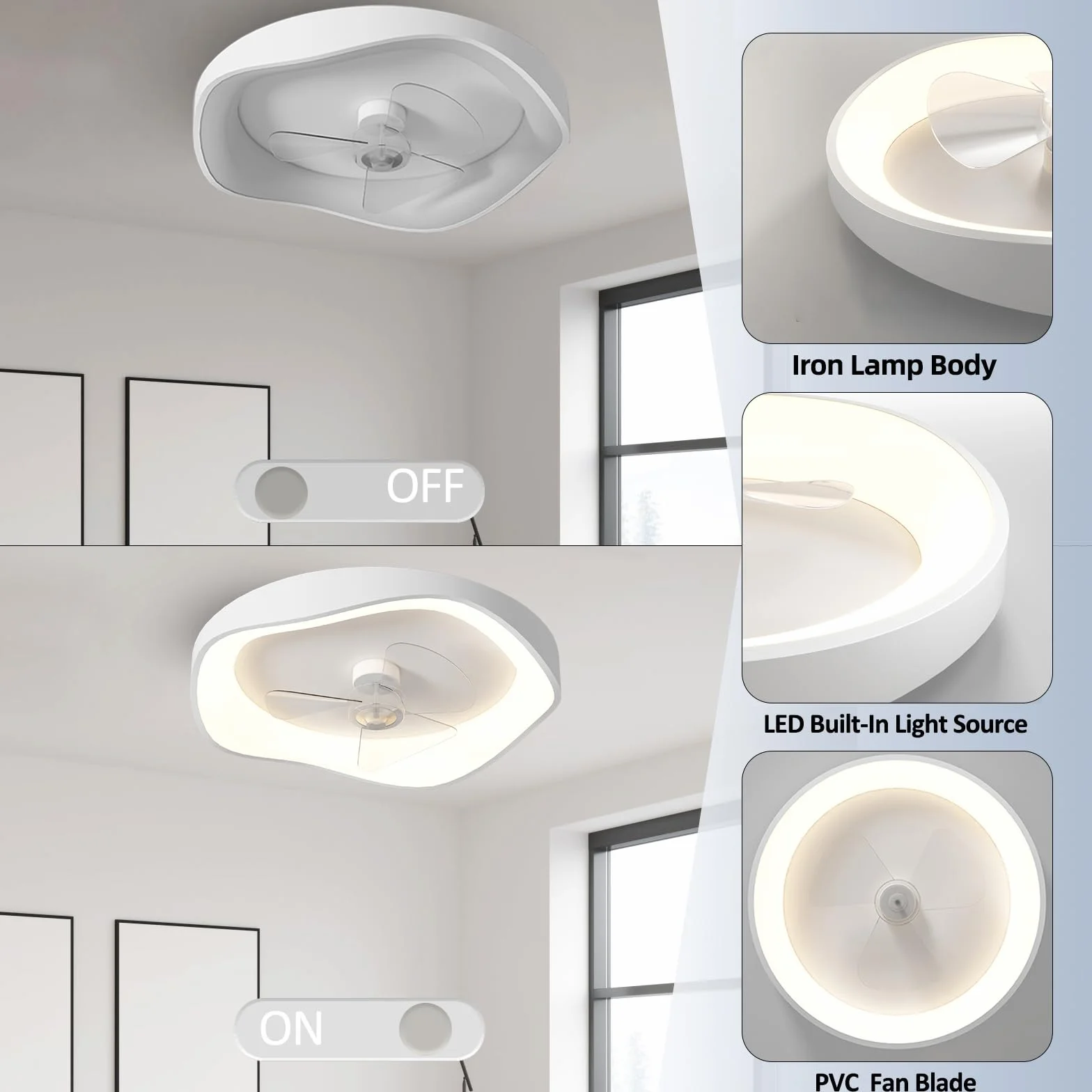 Wentylator sufitowy z oświetleniem, lampa z wentylatorem o średnicy 42 cm, lampa sufitowa z wentylatorem i oświetleniem, z pilotem zdalnego sterowania i aplikacją, 6 prędkości wentylacji, 3 kolory