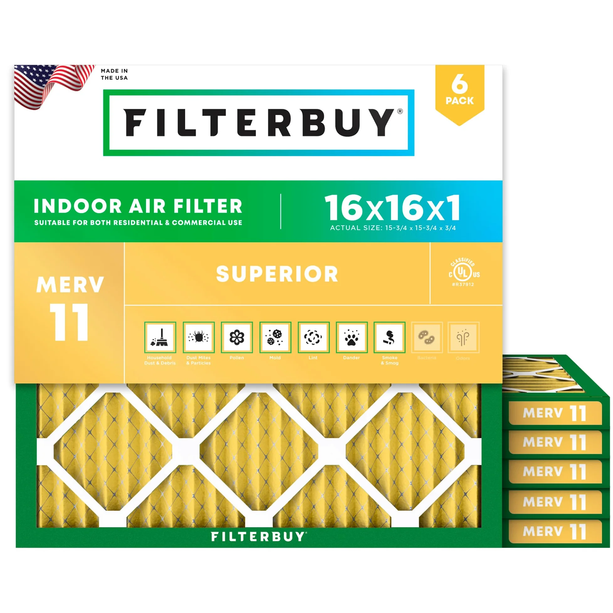 FilterBuy Filtr powietrza 16 x 16 x 1 MERV 11, plisowane filtry do pieca AC HVAC (6-pak, złoty)