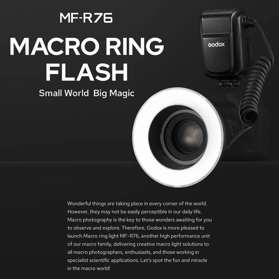 Godox MF-R76 makro pierścień lampa błyskowa GN14 10 poziomów regulowana jasność z 8 szt. adapter pierścień zamiennik do aparatu Canon Nikon Sony Fuji Olympus Panasonic Pentax DSLR