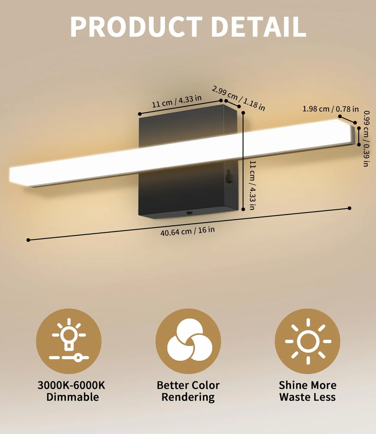 Lampa Lustro do Łazienki 40CM, Oświetlenie LED 3000-6000K z Włącznikiem, Kinkiet LED nad Lustro z Kloszem Akrylowym, Energooszczędna i Trwała, Nowoczesna Lampa Ścienna dla Przytulnej Atmosfery