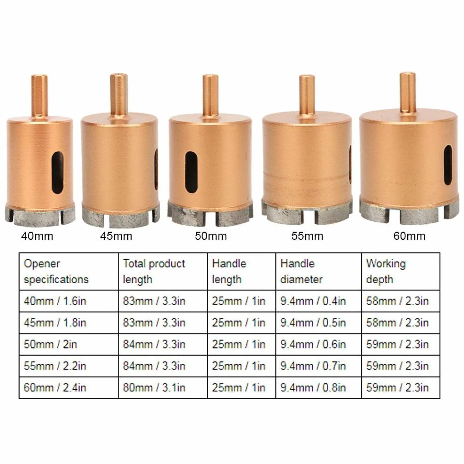 Wiertła diamentowe, trzpień trójkątny 40-60mm otwornice z wydrążonym rdzeniem do wiercenia w płytkach, betonie, cegle, szkle, marmurze i ceramice (45mm)
