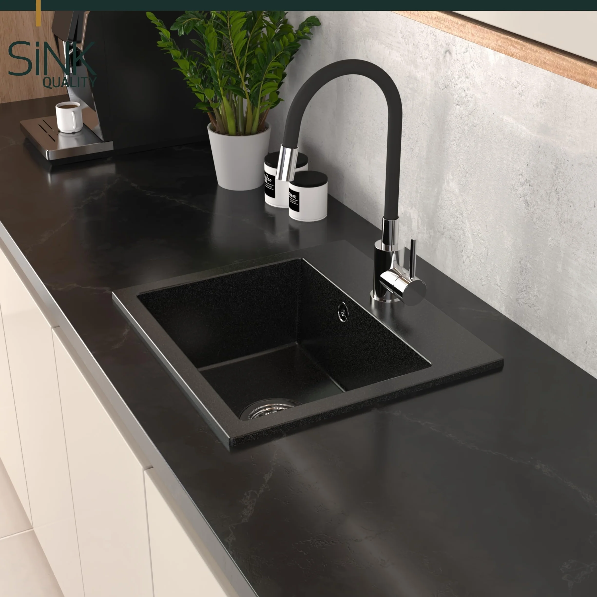 SINK Quality beżowy zlewozmywak z armaturą zestaw 45 × 42 cm – zlewozmywak z kranem, syfonem i impregnacją – kompletny zestaw z granitu – zlewozmywak do szafki pod umywalkę od 45 cm
