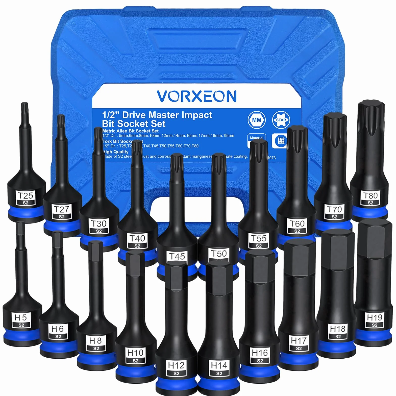 Zestaw 10 sztuk 1/2" kluczy sześciokątnych 5-19mm & 10 sztuk kluczy z końcówkami Torx T25-T80, materiał ulepszony Stal S2 z pudełkiem do przechowywania