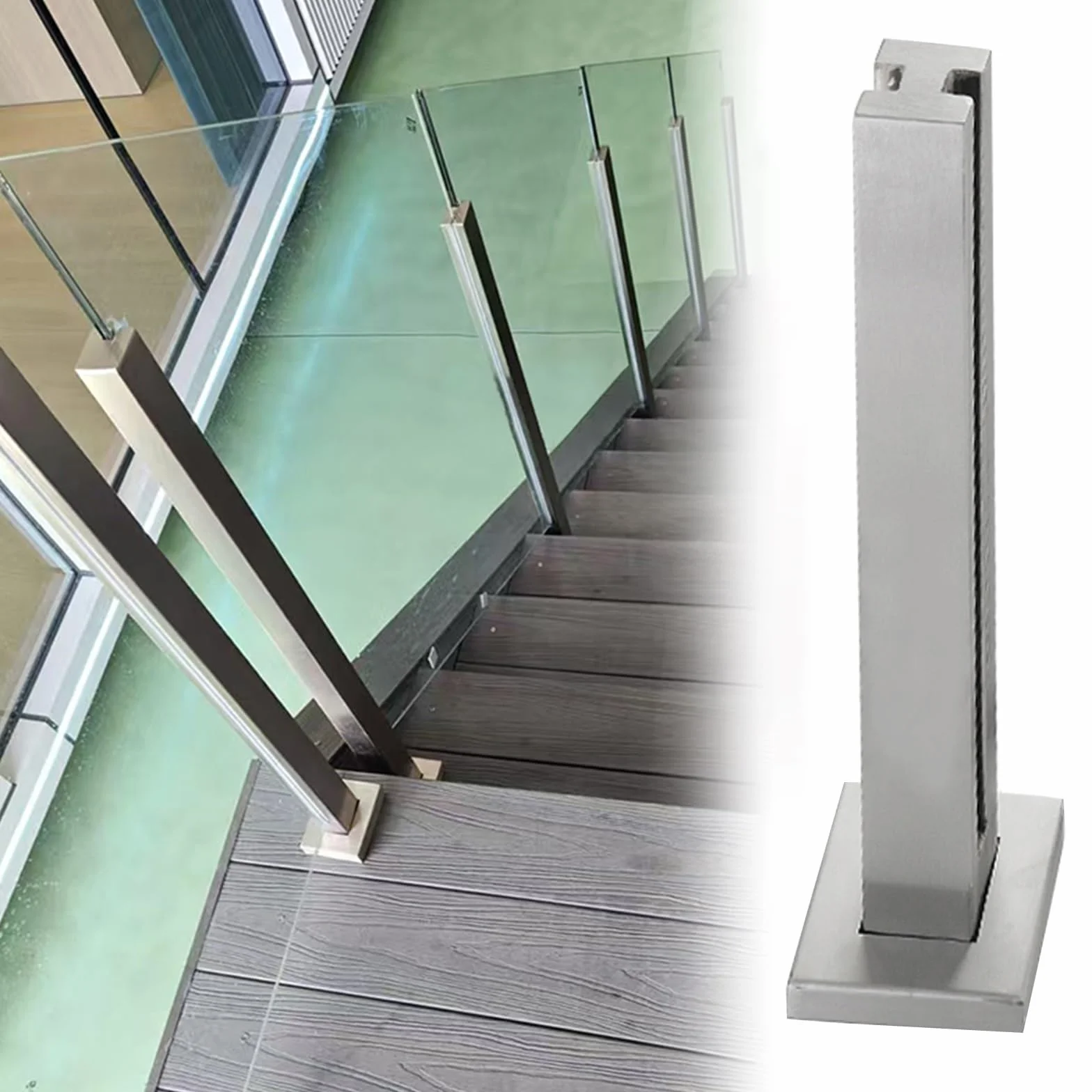 Bezramowy system szklanych balustrad na schody i pokłady, wytrzymały, bez dziurkowania, panel z gniazdami na czopy i podstawą, srebrny słupek środkowy, 140 cm, idealny na balkony i patio