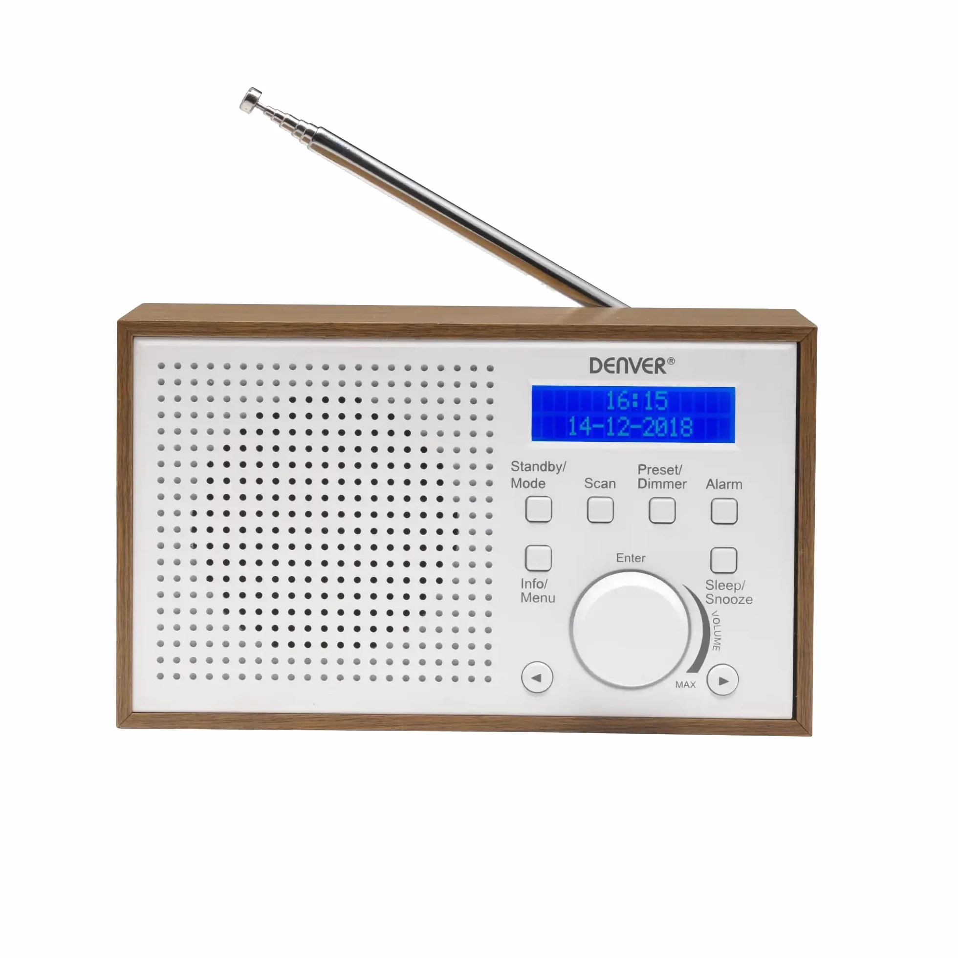 Denver DAB-46 DAB+ Radio FM Zegar Budzik 2 W Wyjście Audio Drewniane Białe