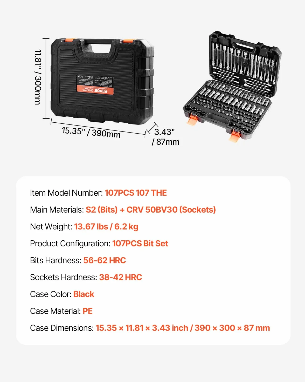 VEVOR Zestaw nasadek SAE i metrycznych, zewnętrzne sześciokątne/torx/torx, stal stopowa S2 i stal Cr-V, przyłącza 0,63/0,95/1,27 cm z ulepszoną torbą do przechowywania, użycie ręczne