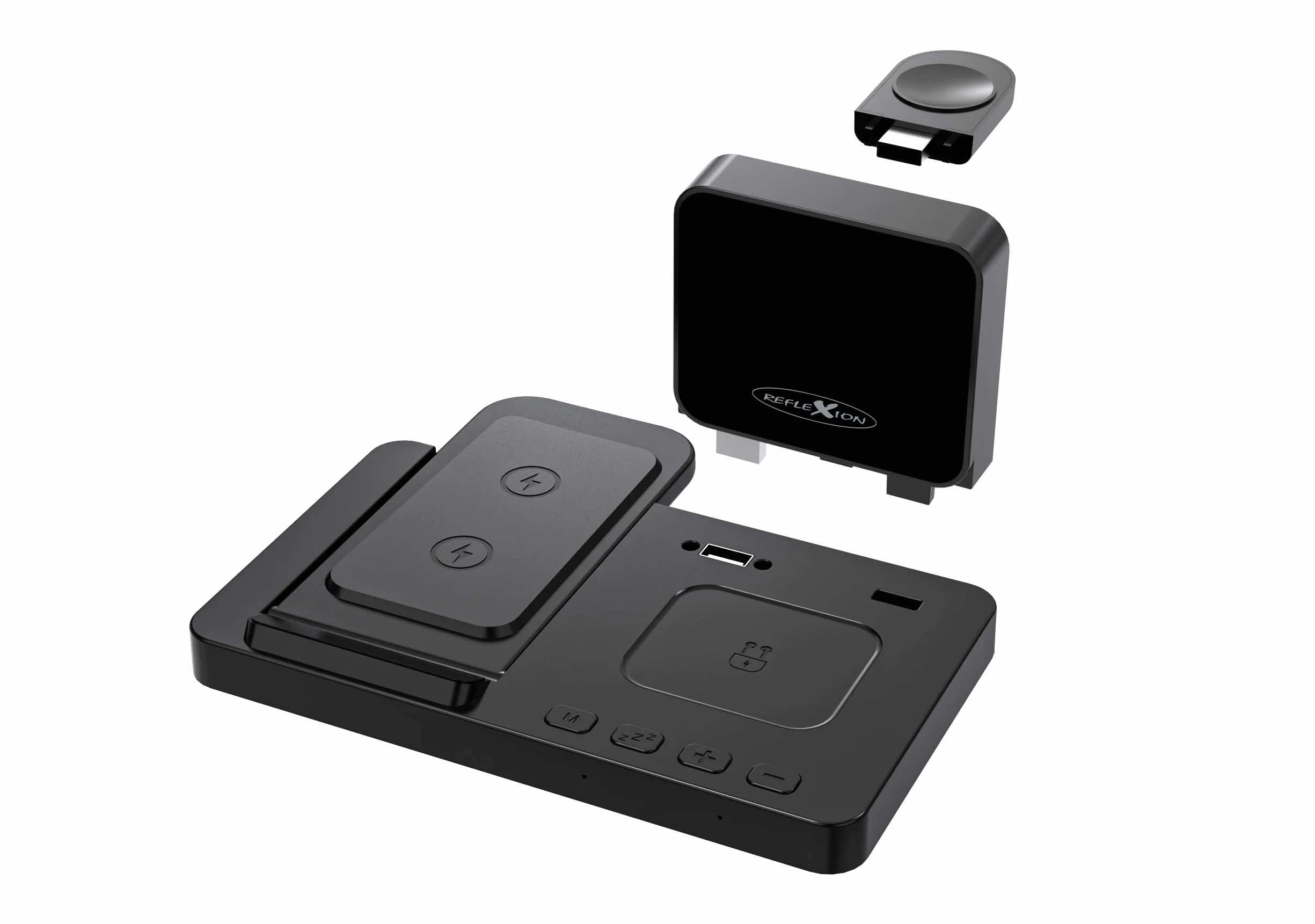 Reflexion Bezprzewodowa ładowarka 4 w 1 z zegarem, stacja ładująca 15 W USB-C do smartfona Apple Watch słuchawek