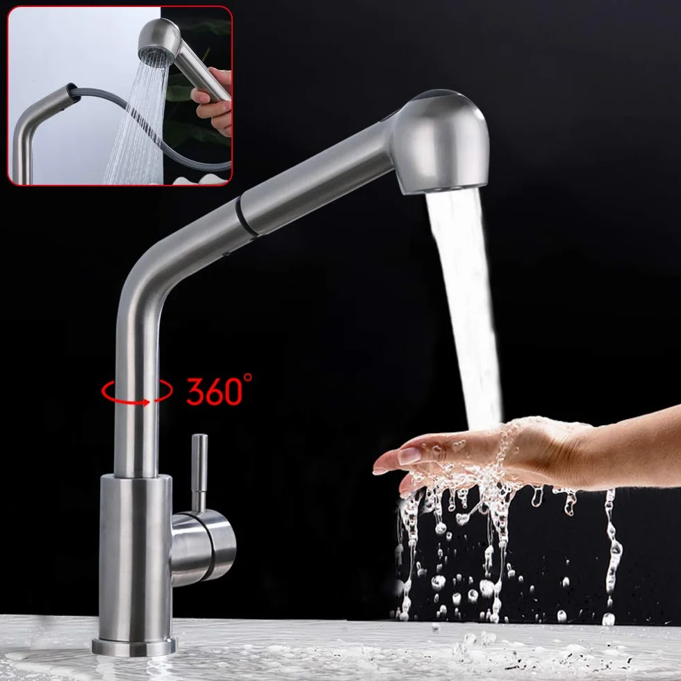 Obrotowy kran ze stali nierdzewnej o 360°, akcesoria kuchenne, srebrny, wysuwany, armatura zlewozmywakowa, bateria mieszakowa, umywalka z 2 rodzajami strumienia, nadaje się do instalacji w kuchni lub