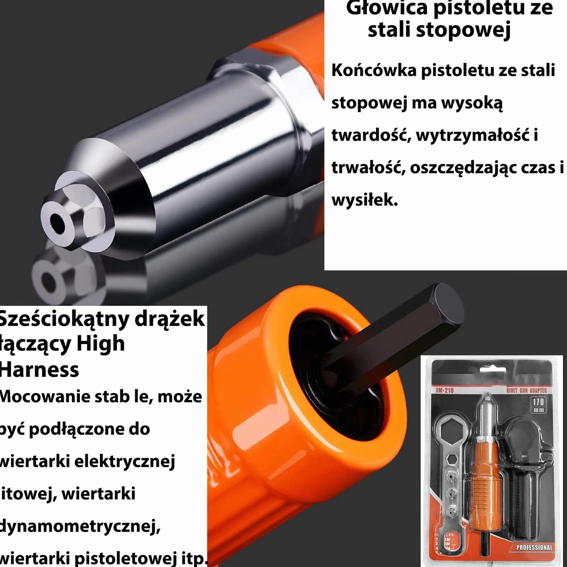 Akumulatorowa przystawka do nitowania 3 głowice aluminiowa ergonomiczna