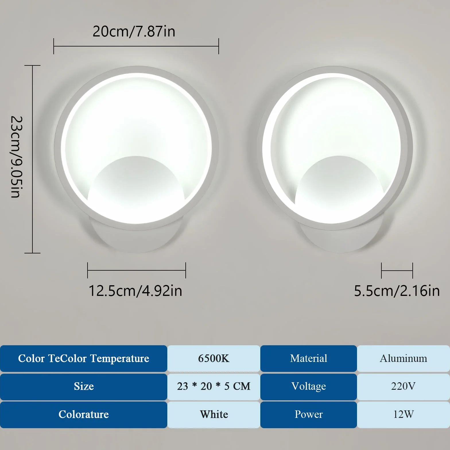 Comely 2 Sztuki Kinkiet Wewnętrzny, 12W 1350LM Okrągła Nowoczesna Lampa Ścienna, Zimna Biała Biel 6500K Aluminiowa Oprawa Ścienna Do Sypialni Salonu Łazienki Schodów, Biały, Średnica 20cm