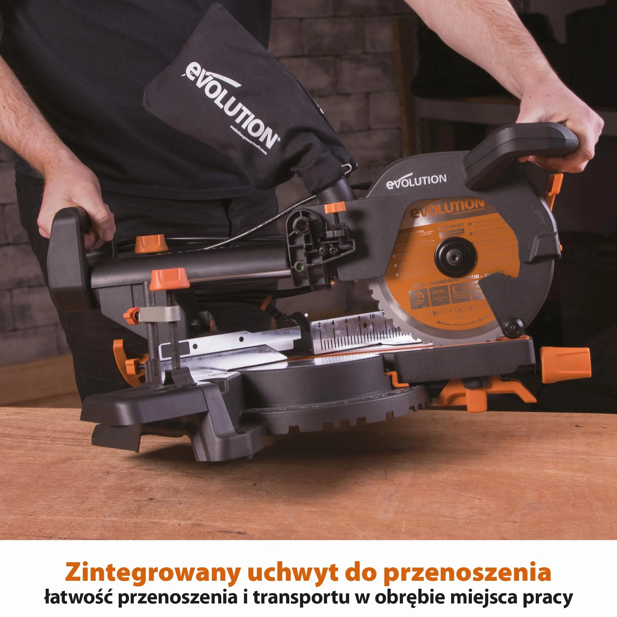 Evolution Power Tools Przesuwna ukośnica do cięć złożonych Plus R210SMS+ – w zestawie tarcza do różnych materiałów, tnie drewno, metal, plastik i inne, cięcie z nachyleniem i ukośne, 210 mm (230 V)