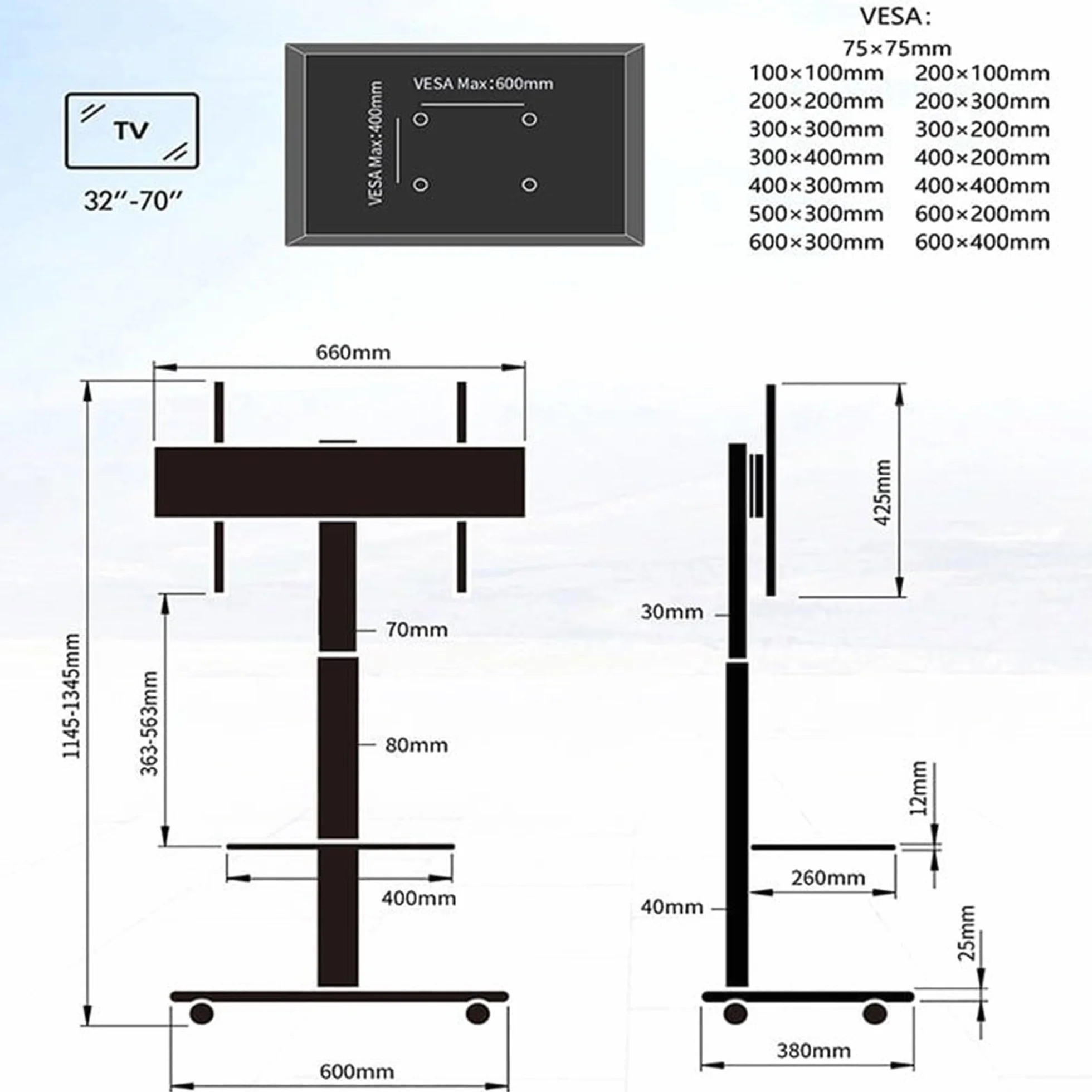 Delphos Mobilny stojak pod telewizor 32-70" do 45 kg VESA 600 x 400