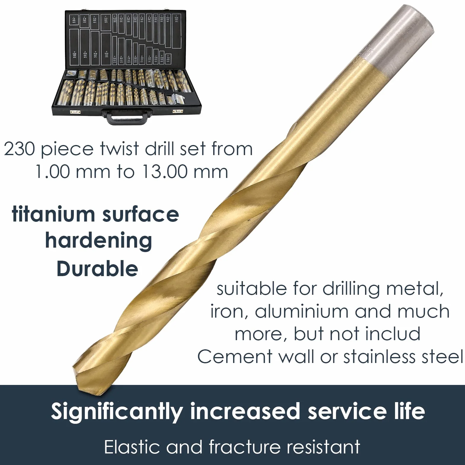 Zestaw wierteł do metalu, 230-częściowy zestaw wierteł do metalu, szlifowane HSS, Ø 1-13 mm, profesjonalny zestaw wierteł do kamienia