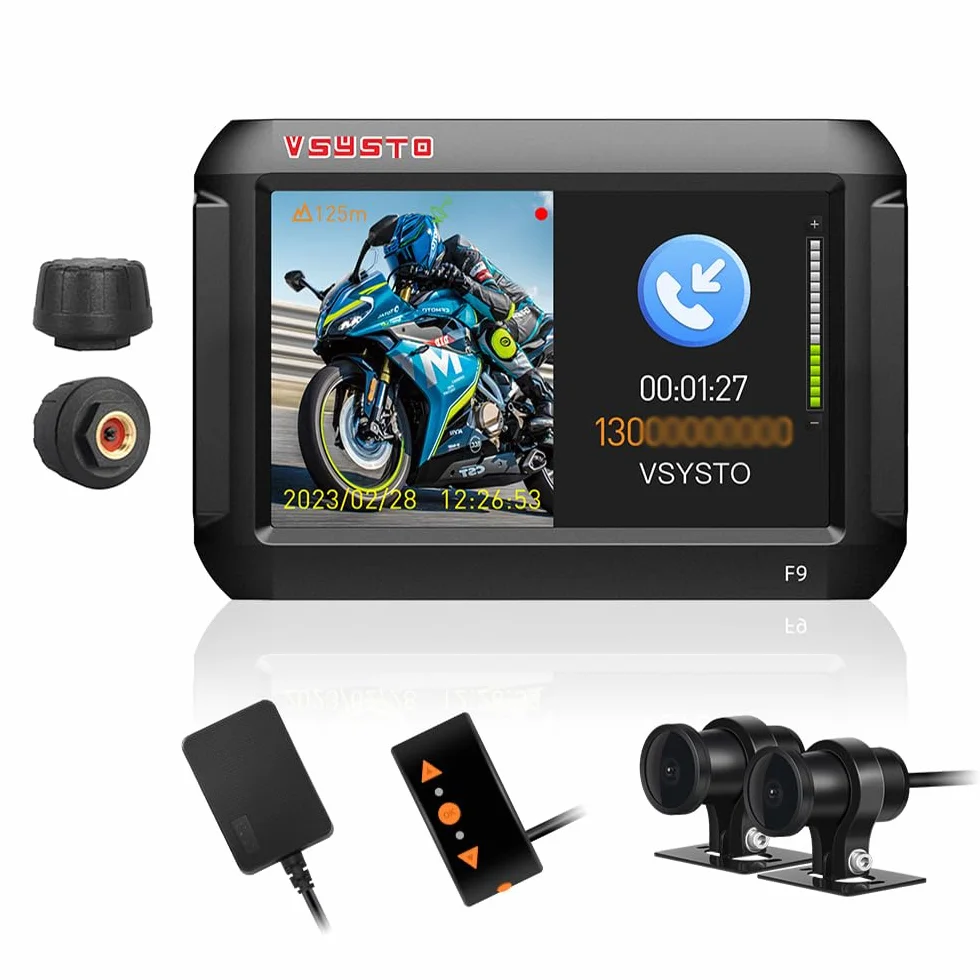 VSYSTO 4-calowy ekran WiFi Motocykl Dash Cam, tryb telefonu Bluetooth, czujniki ciśnienia w oponach, GPS, czujnik temperatury, monitoring parkingu, kamera przednia HD 1080P SONY307 (F9L)