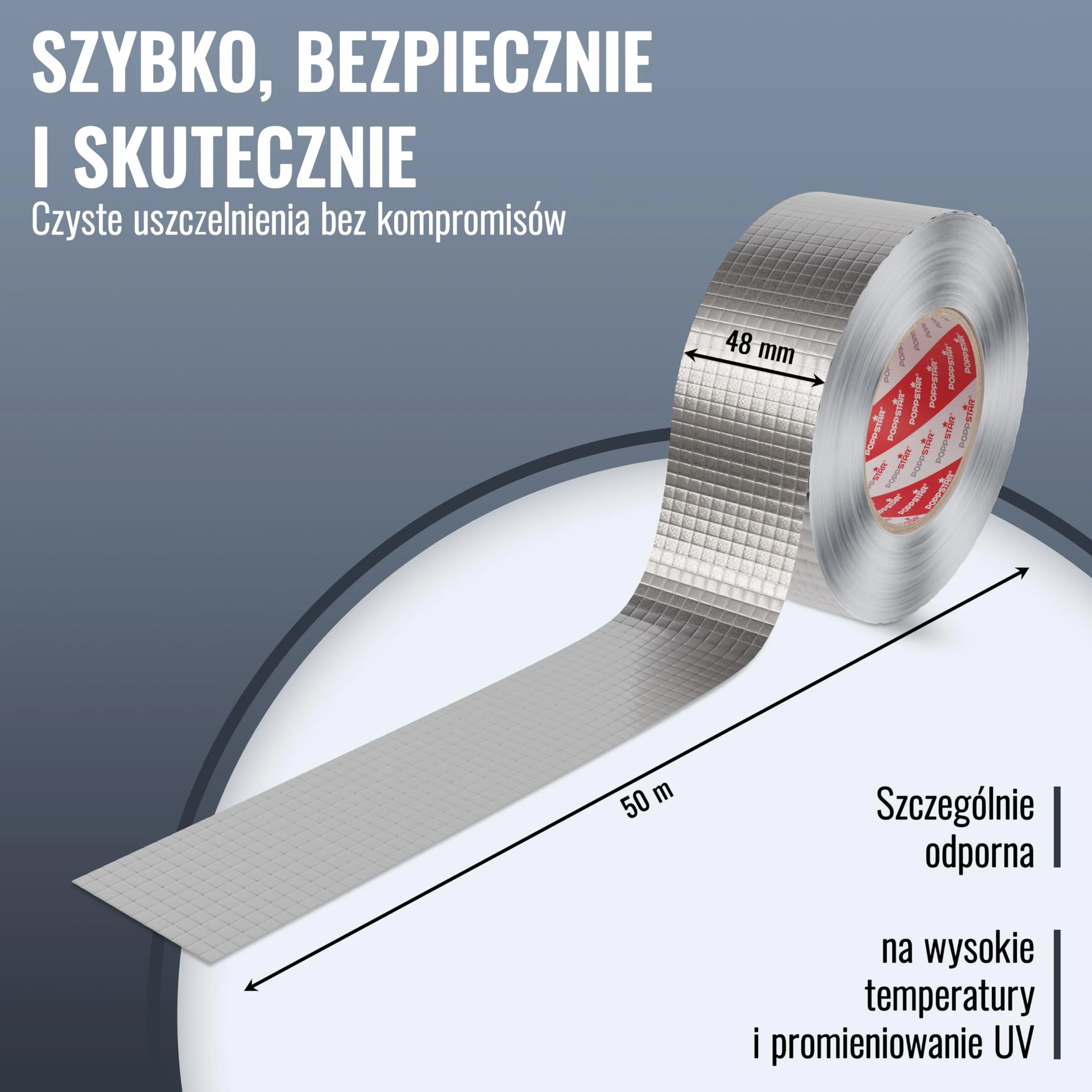 Poppstar aluminiowa taśma klejąca, wzmocniona siatką do rur i izolacji (50 m x 48 mm) odporna na wysokie temperatury i parę, taśma aluminiowa 48mm samoprzylepna