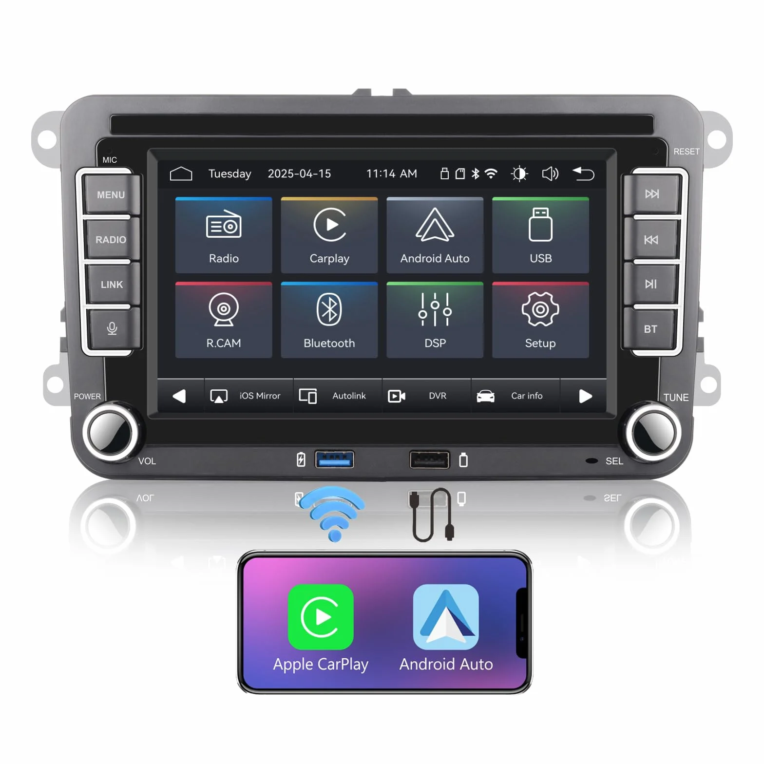 Linux radio samochodowe 5s Start | Bluetooth/Wireless CarPlay/Android Auto/FM/AM/RDS/USB | 100 W DSP | do VW Golf 5/6 Passat Jetta Caddy EOS T5 Tiguan Touran CC Polo