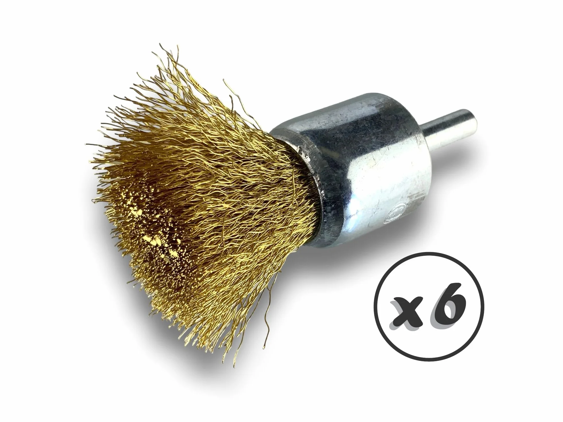 Metalowa szczotka obrotowa z końcówką Ø 22 mm | Zestaw 6 sztuk | Kształt pędzla na trzonku Ø 6 mm | Nici mosiężne Ø 0,20 mm miękkie | Do wiertarki lub wkrętarki z uchwytem | Kibros 20LV22x6