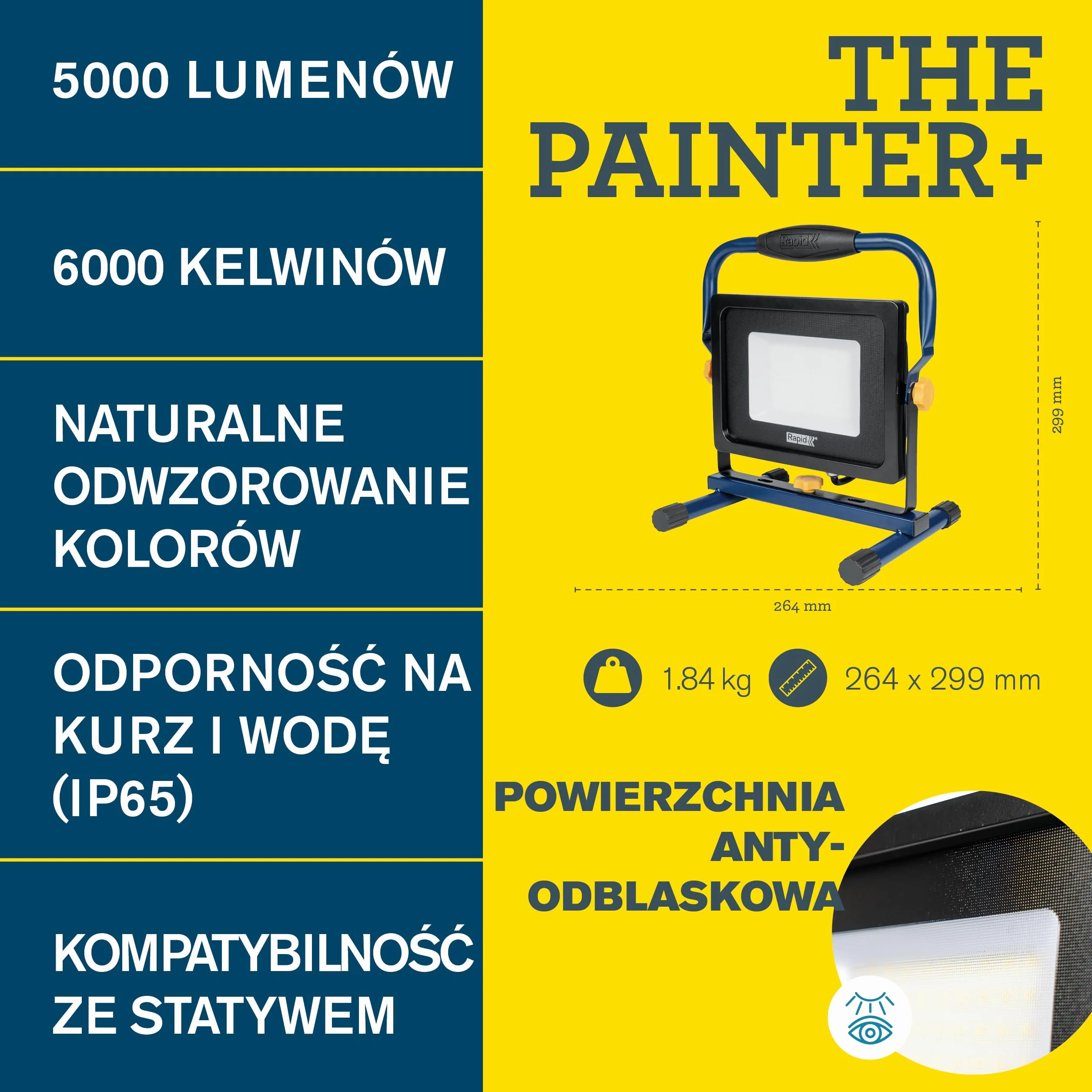 Lampa robocza LED Rapid Painter+, Jasność 5000 Lumenów, Regulowany Kącie Światła do Malowania i Remontów, Antyodblaskowa, Moc 50W, Reflektor IP65 i Temperatura Barwy 6000K, Przewód 2,5m (5001730)