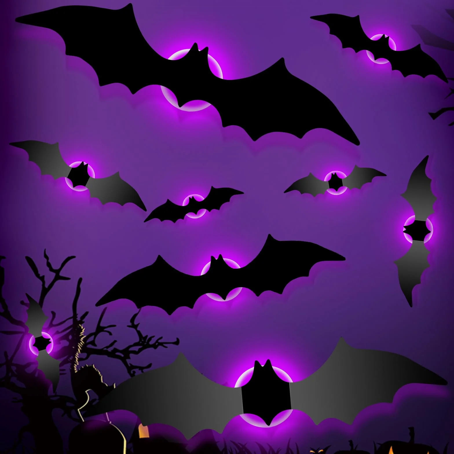 GoldRock 28 szt., 4 rozmiary, 3D nietoperz dekoracyjne naklejki LED na Halloween, duże naklejki dekoracyjne nietoperze na Halloween, gotyckie naklejki dekoracyjne nietoperze, Halloween nietoperze LED