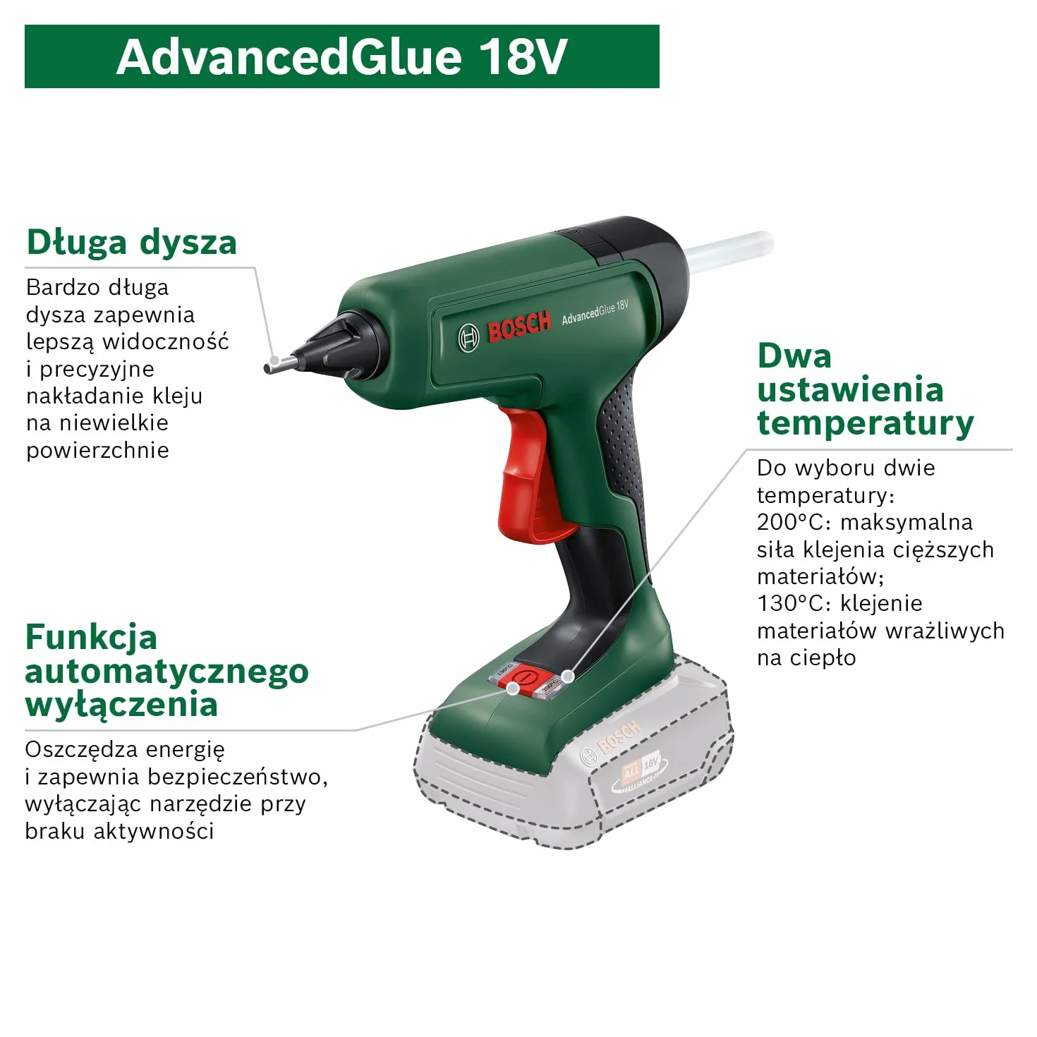 Bosch Home And Garden Akumulatorowy Pistolet do Klejenia, AdvancedGlue 18 V, bez Akumulatora, System 18 V, 4 x Sztyfty Kleju, Nagrzewanie w 90 Sekund, Tryb Dual Temp 130 °C - 200 °C