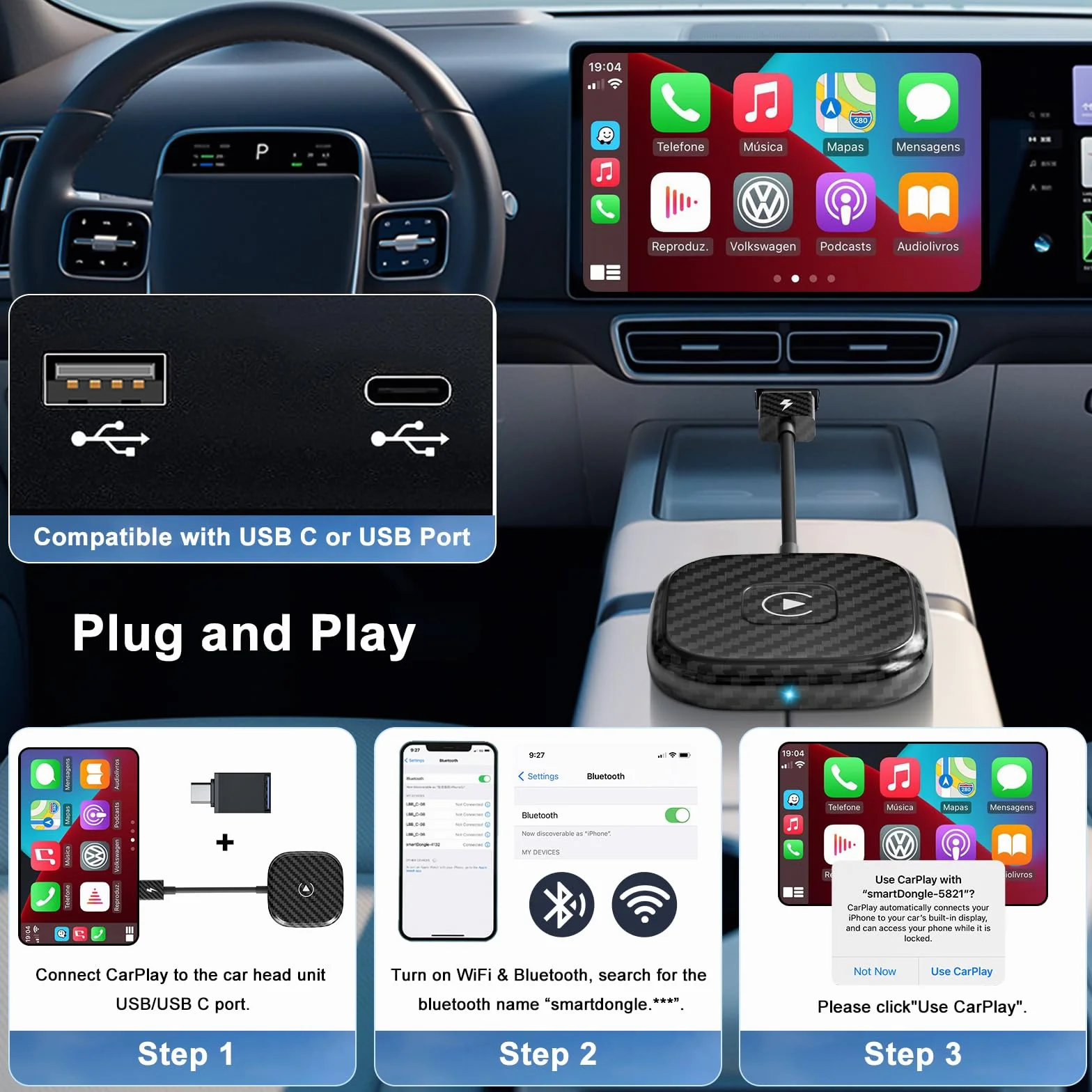UWECAN CarPlay Bezprzewodowa konwersja fabryczna przewodowa CarPlay na bezprzewodową, korzystanie z samochodu od 2017 roku iPhone iOS 11+ Plug & Play