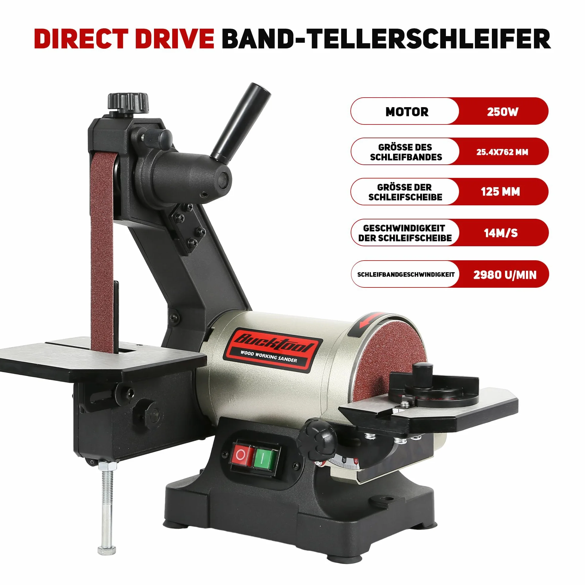 BUCKTOOL Szlifierka taśmowa 250 W, 25,4 x 762 mm, taśma 125 mm, klucz płaski, przechowywanie i łatwe zdejmowanie pokrywy paska, napęd bezpośredni, talerz szlifierski, prędkość obrotowa 2980 min-1