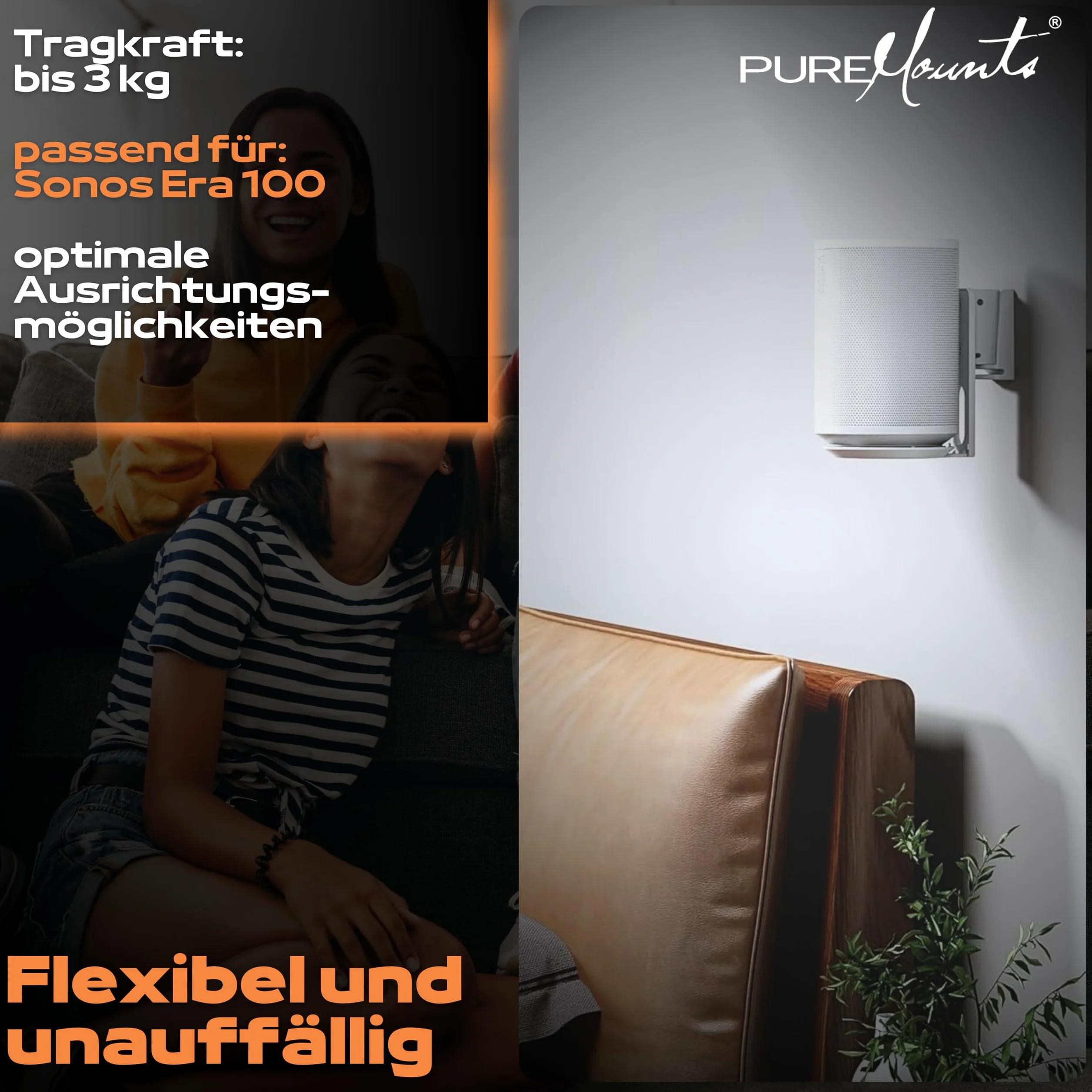 PureMounts Uchwyt ścienny do Sonos Era 100, wychylny +/-45°, nachylenie 0/-18°, udźwig 3 kg, biały