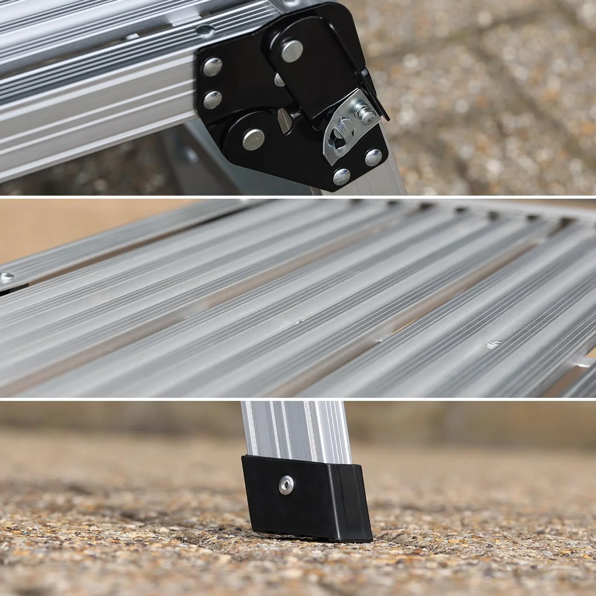 Aluminiowa platforma robocza, 760 x 300 mm, 2-stopniowa, składana, składana ławka, stołek, platforma robocza, składana konstrukcja, do siedzenia, drabina do pracy wewnątrz/na zewnątrz Tough Master
