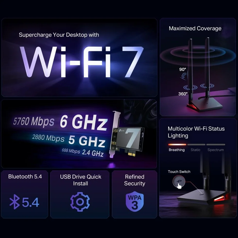 TP-Link Archer TBE550E karta Wi-Fi BE9300 Tri-Band Wi-Fi 7 Bluetooth 5.4 PCIe WPA3