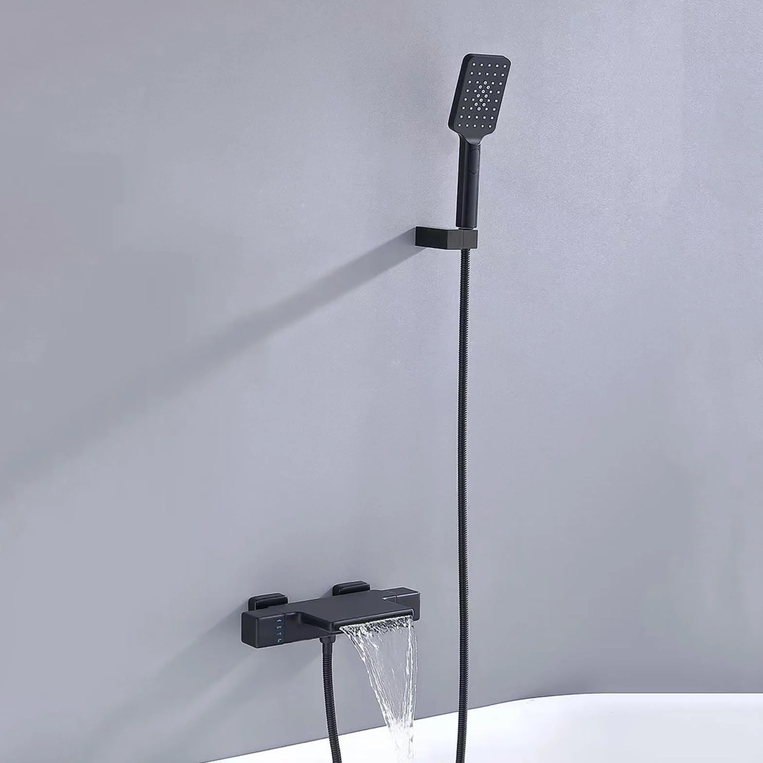 Bateria wannowa ścienna Kwadratowa wanna z wodospadem Bateria wannowa Bateria wannowa z ręcznym prysznicem i wężem 1,5 m Czarny vision