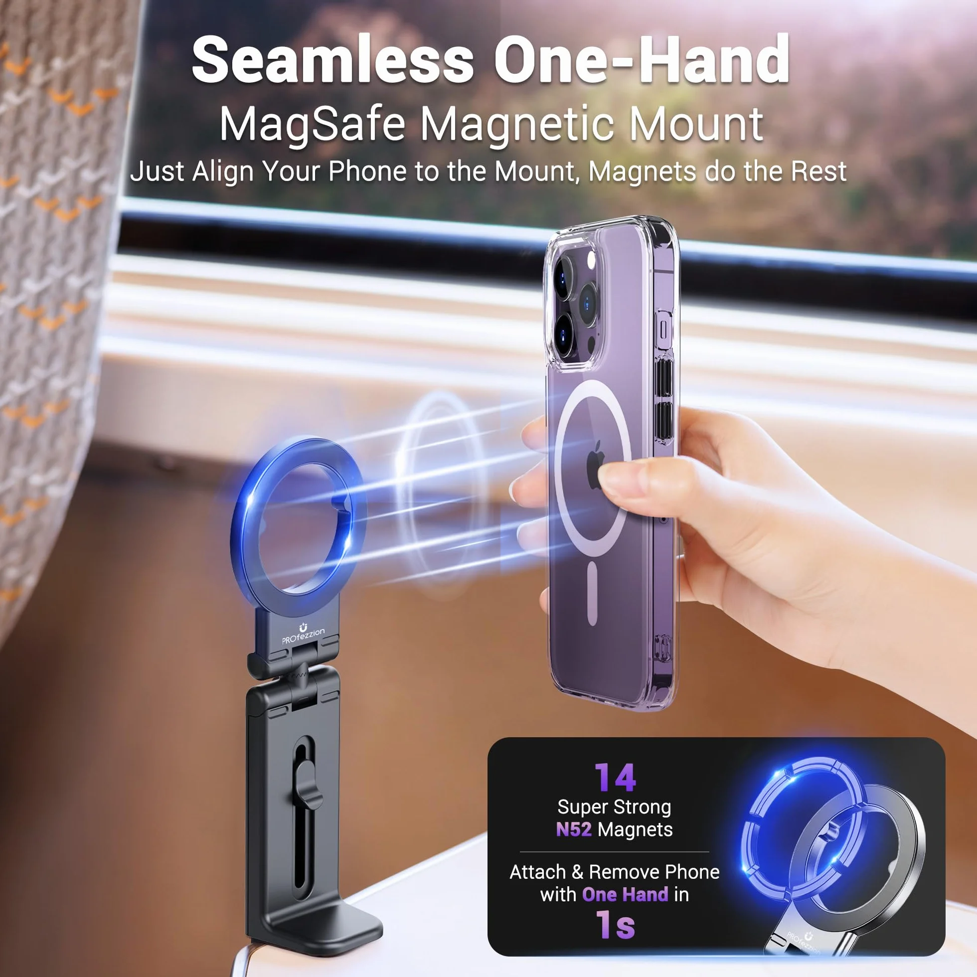 PROfezzion Podróżny Uchwyt na Telefon Magnetic Flight Phone Mount Magnetyczny obracany o 360° do iPhone'a 15 14 13 12 Serii Lub Nowszych i bezpieczny bez Magnesów, Nadaje się do Samolotu, Pociągu