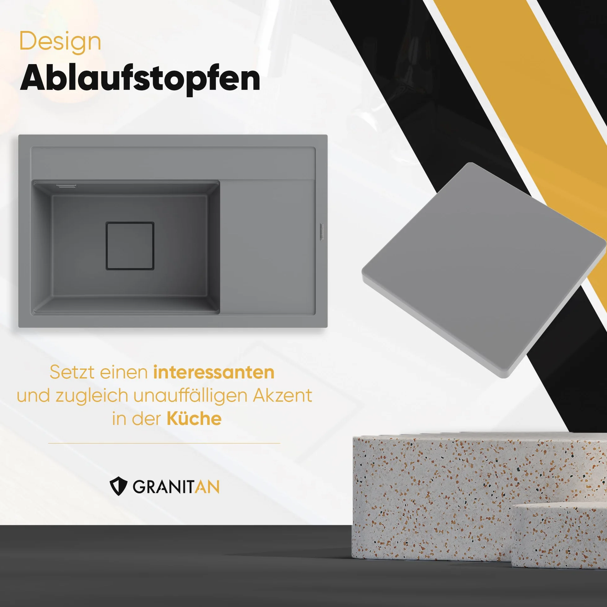 Granitan Zlewozmywak granitowy 81 x 50,5 x 22 cm - umywalka do kuchni z nowoczesnym korkiem spustowym - elegancki granitowy zlewozmywak z ociekaczem - zlewozmywak do zabudowy z syfonem - biały