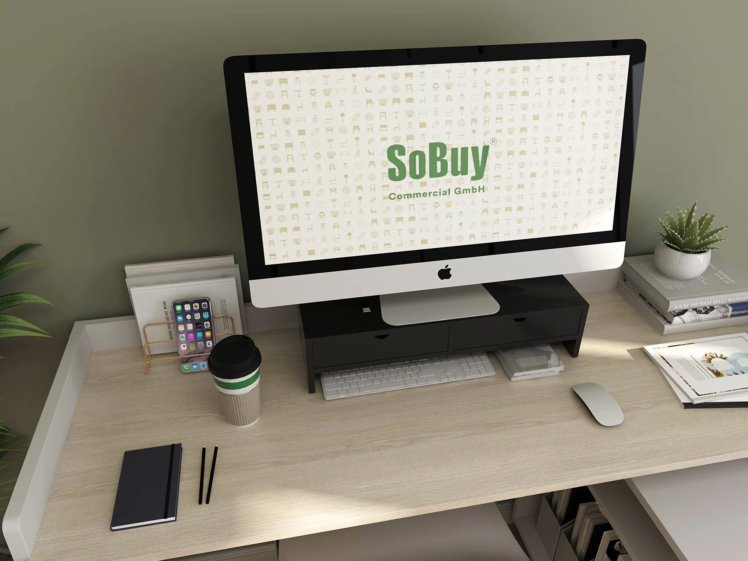 SoBuy Organizer na biurko z 2 szufladami, stojak na monitor, czarny, 47x11x18 cm BBF02-SCH