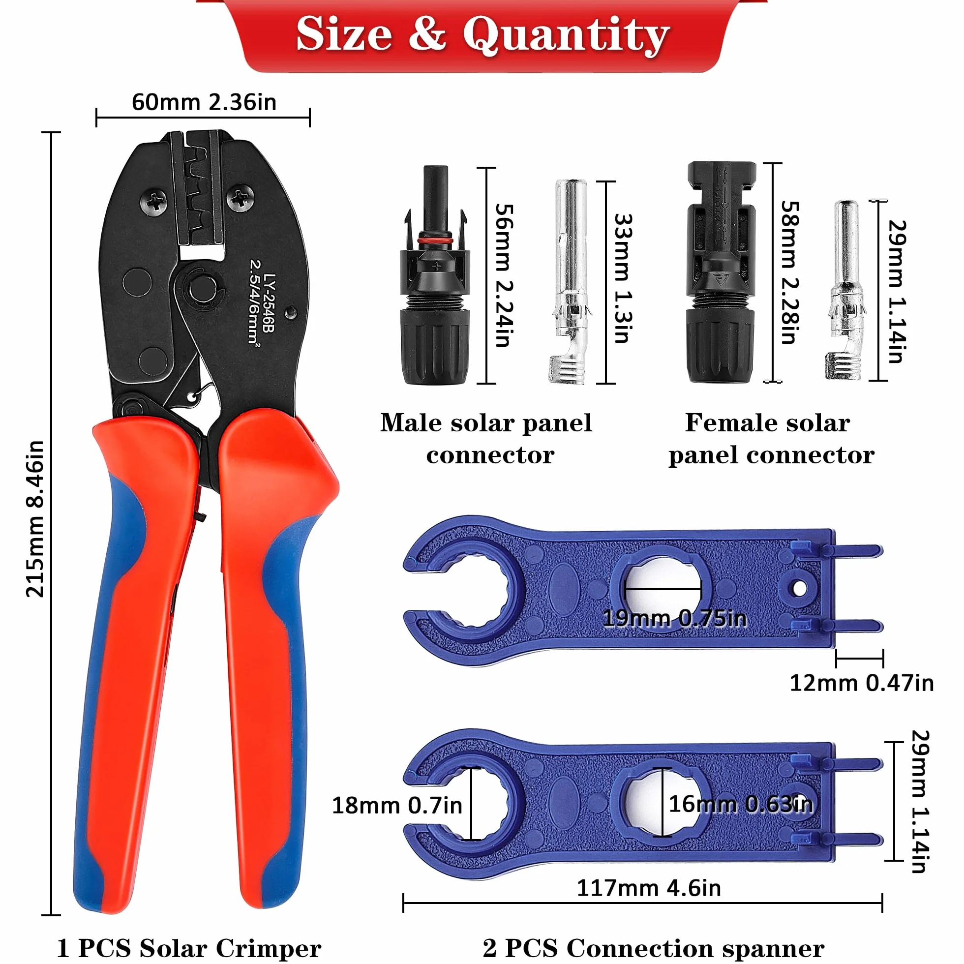 Zestaw szczypiec zaciskowych solarnych do kabli PV 2,5/4/6 mm², 10 par wtyczek kablowych + 10 par wtyczek męskich/żeńskich, IP68, wodoszczelne, do wtyczek