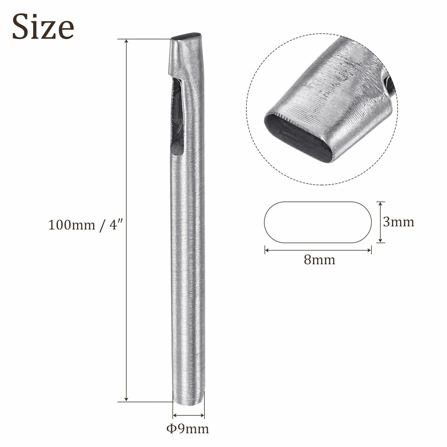 Owalna skóra dziurkacz - [3 x 8 mm] Płaski stempel stal 45 # narzędzie do cięcia pustego otworu do paska rękodzieło skórzana torba na ubrania, 100 mm / 4 "długi