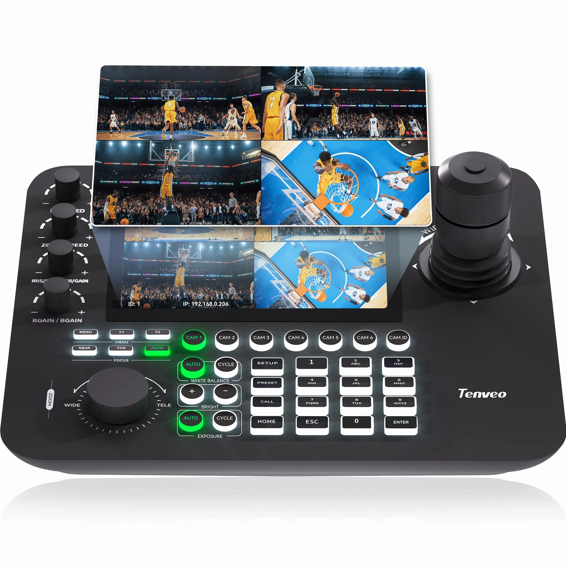 Tenveo NDI PTZ kontroler joysticka kamery, 7'' LCD Quad-Screen podgląd w czasie rzeczywistym, klawiatura sterowania joystickiem 4D obsługująca NDI PoE VISCA Pelco-D/P do nabożeństw kościelnych