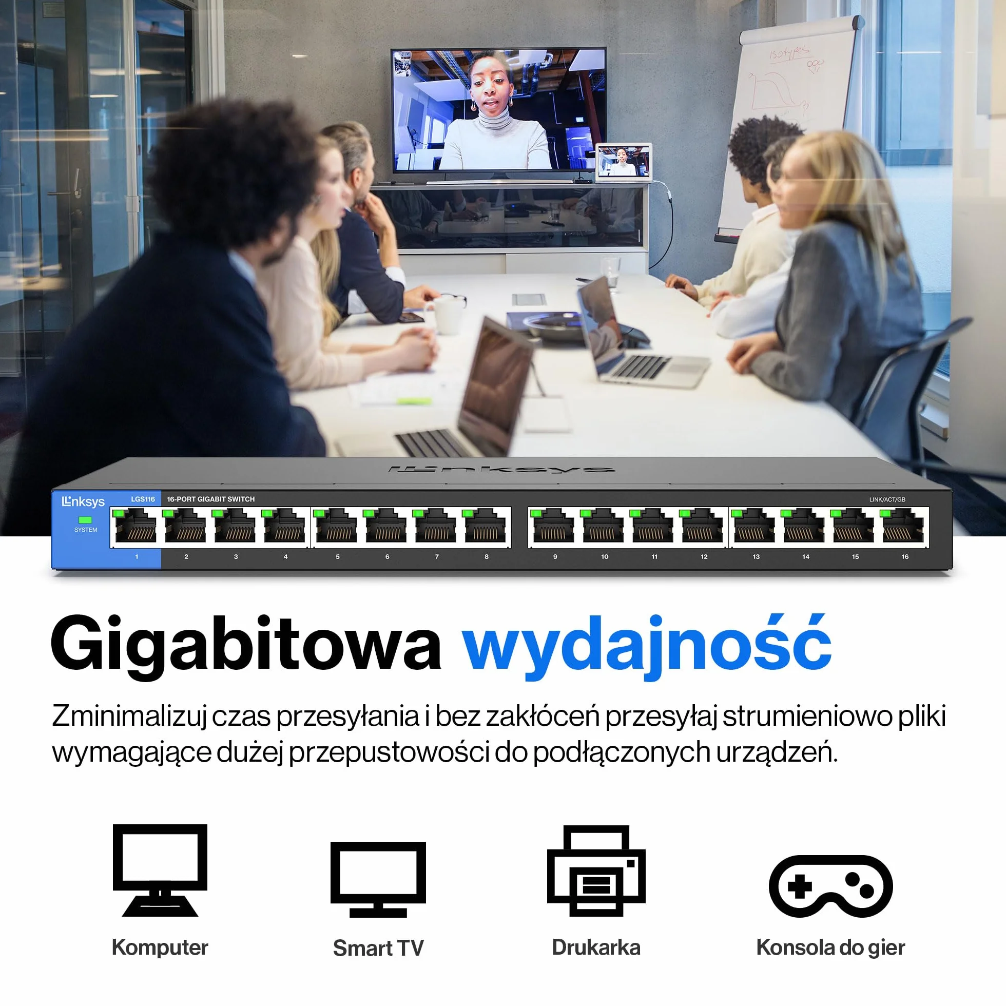 Linksys LGS116-EU 16-portowy gigabitowy niezarządzalny przełącznik sieciowy Ethernet, metalowa obudowa, Plug & Play