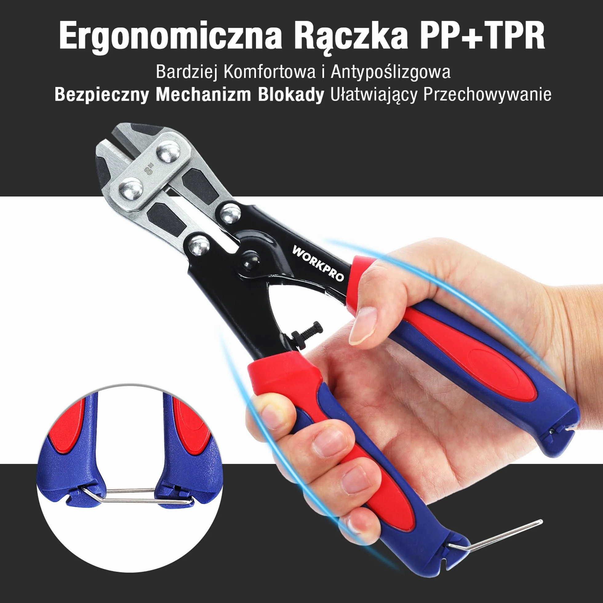 WORKPRO Mini przecinak do śrub 210 mm, przecinak do kabli Cr-V, obcinacz do nożyc sprężynowych z miękkim antypoślizgowym uchwytem