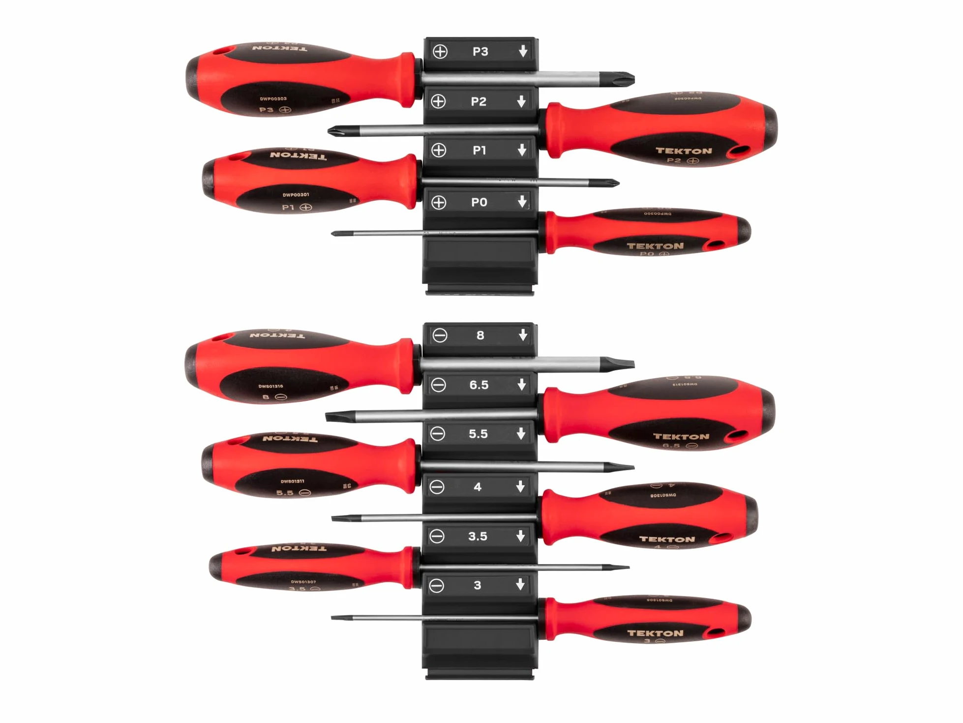 TEKTON Zestaw śrubokrętów krzyżakowych i szczelinowych z modułowymi organizerami - 4-calowe trzpienie, 10-częściowy (#0-#3, 3-8 mm) | DWZ90106