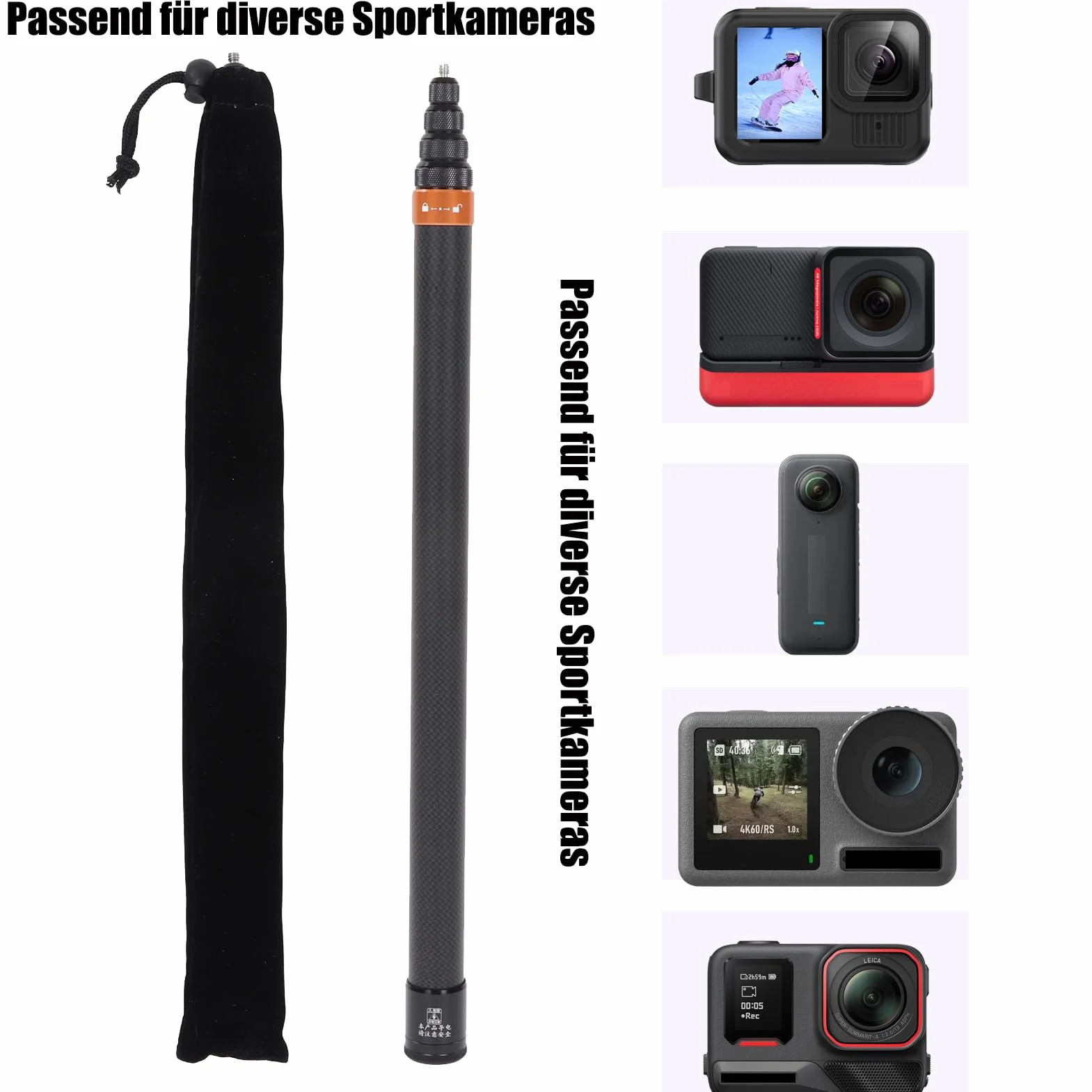Kamera Sportowa Selfie Stick z Włókna Węglowego Teleskopowy do Insta 360x3, One RS, Go 2