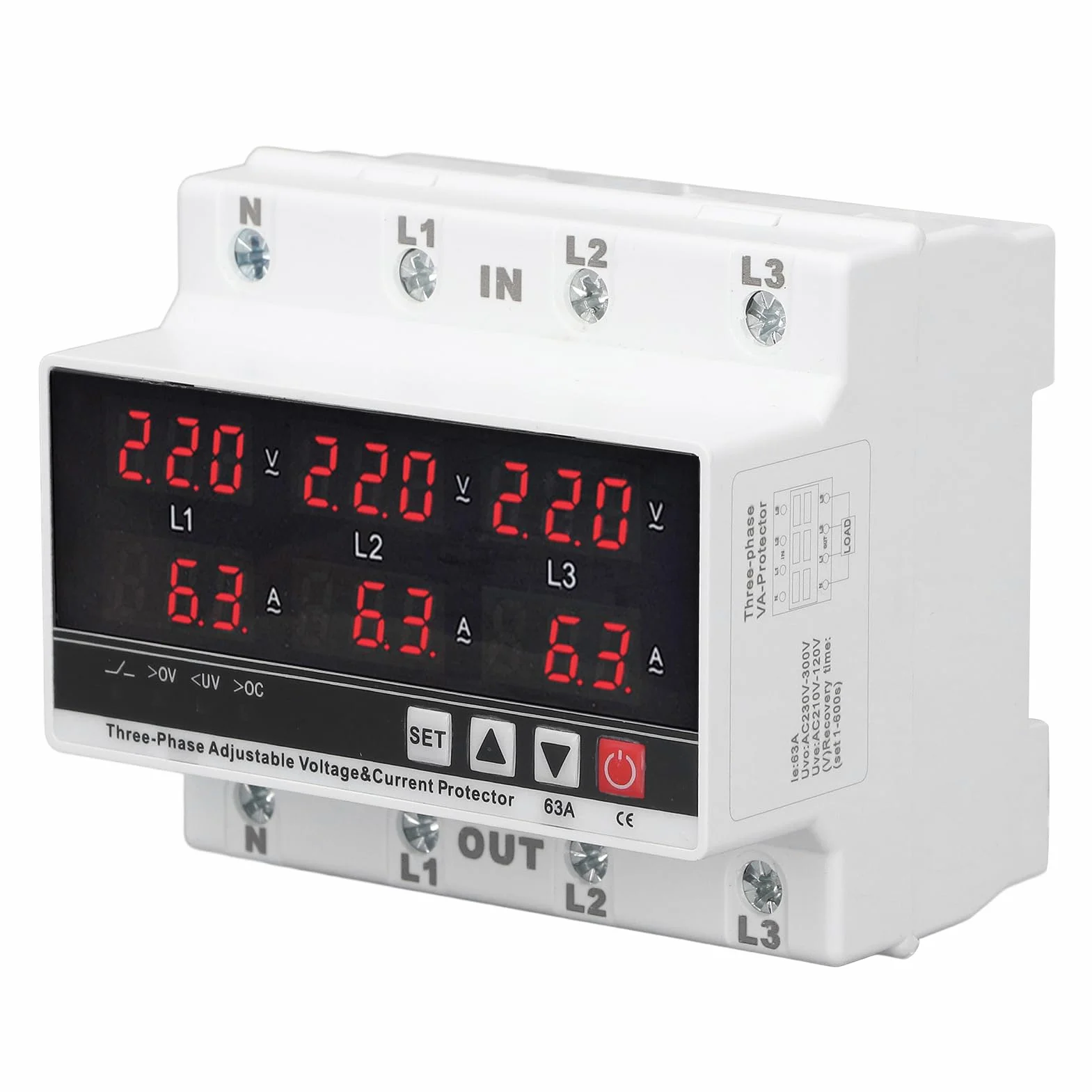 Przekaźnik Podnapięciowy 3-fazowy Regulowany AC120V-300V 63A z Woltomierzem i Amperomierzem