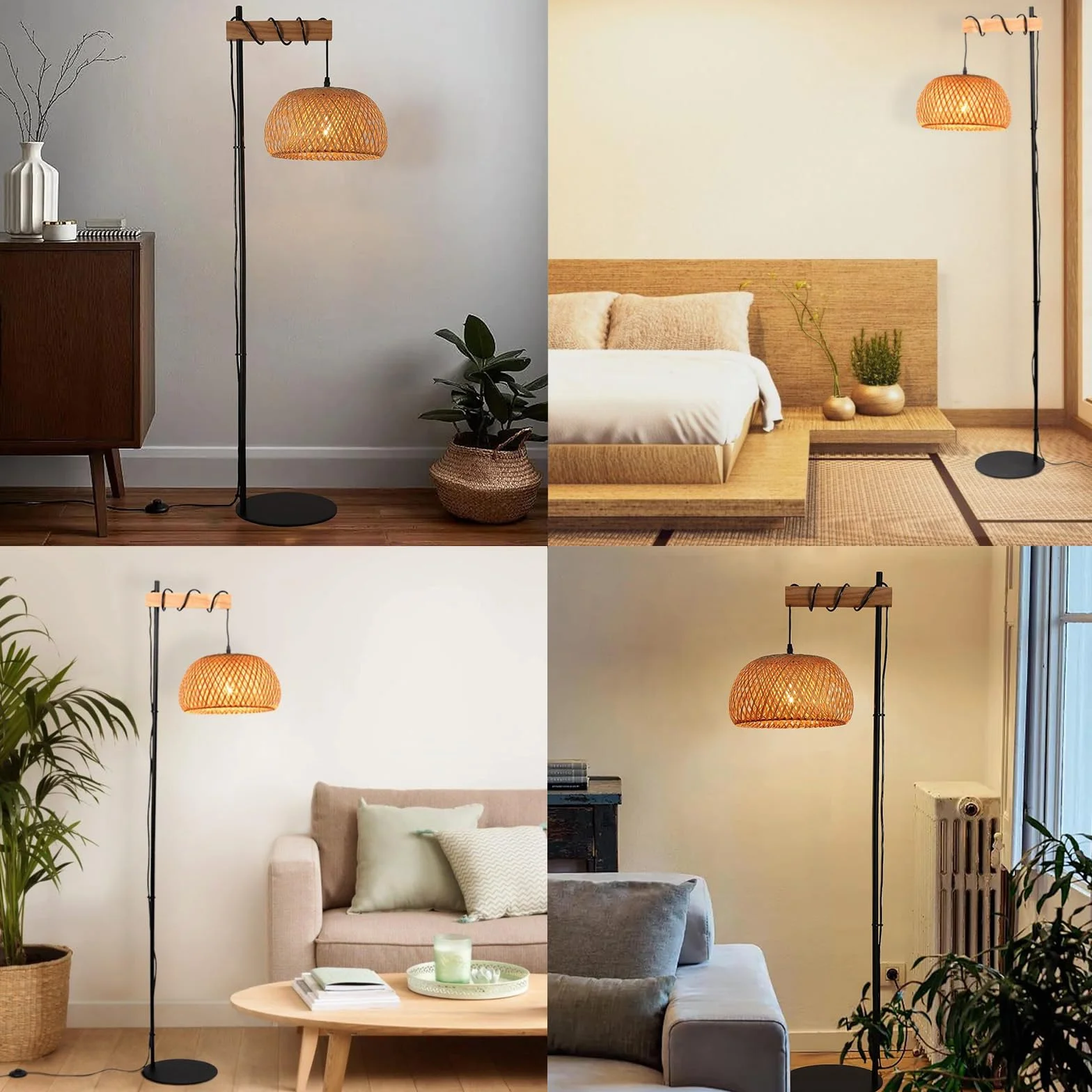 Alpinaluz Ręcznie wykonana lampa podłogowa z naturalnego wiklinowego klosza - czarna i drewniana rama, ultracienka podstawa, przełącznik nożny - nowoczesny styl Boho, wysokość 157 cm, E27
