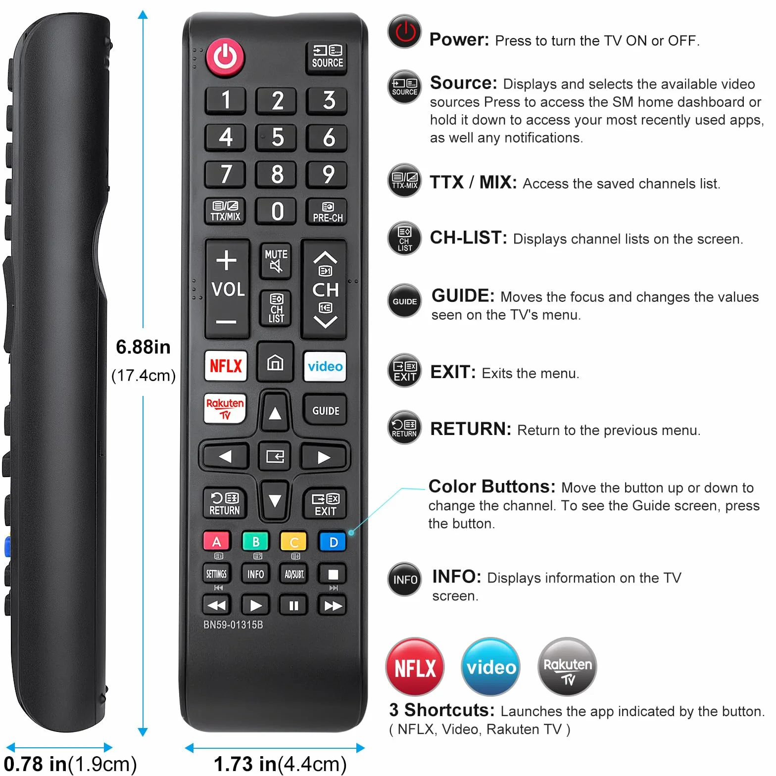 Pilot Smart BN59-01315B do telewizorów Samsung 4K UHD HDR Crystal QLED, do telewizorów Samsung UE Quantum z NFLX/Rakuten/Prime Video
