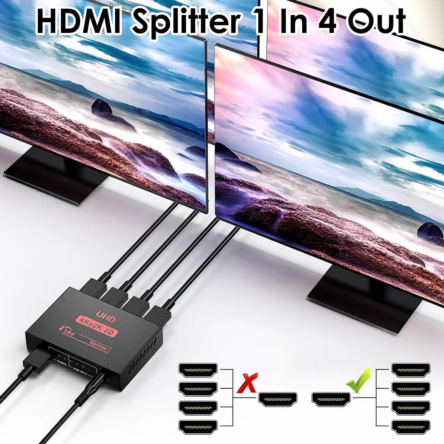 4K Rozdzielacz HDMI 1 W 4 Out, rozdzielacz HDMI 1x4, przełącznik duplikator, dystrybutor audio wideo obsługuje 3D, HDCP, 4K przy 30 Hz, długa transmisja, do TV, PS4, Xbox, Blu-ray, projektora i
