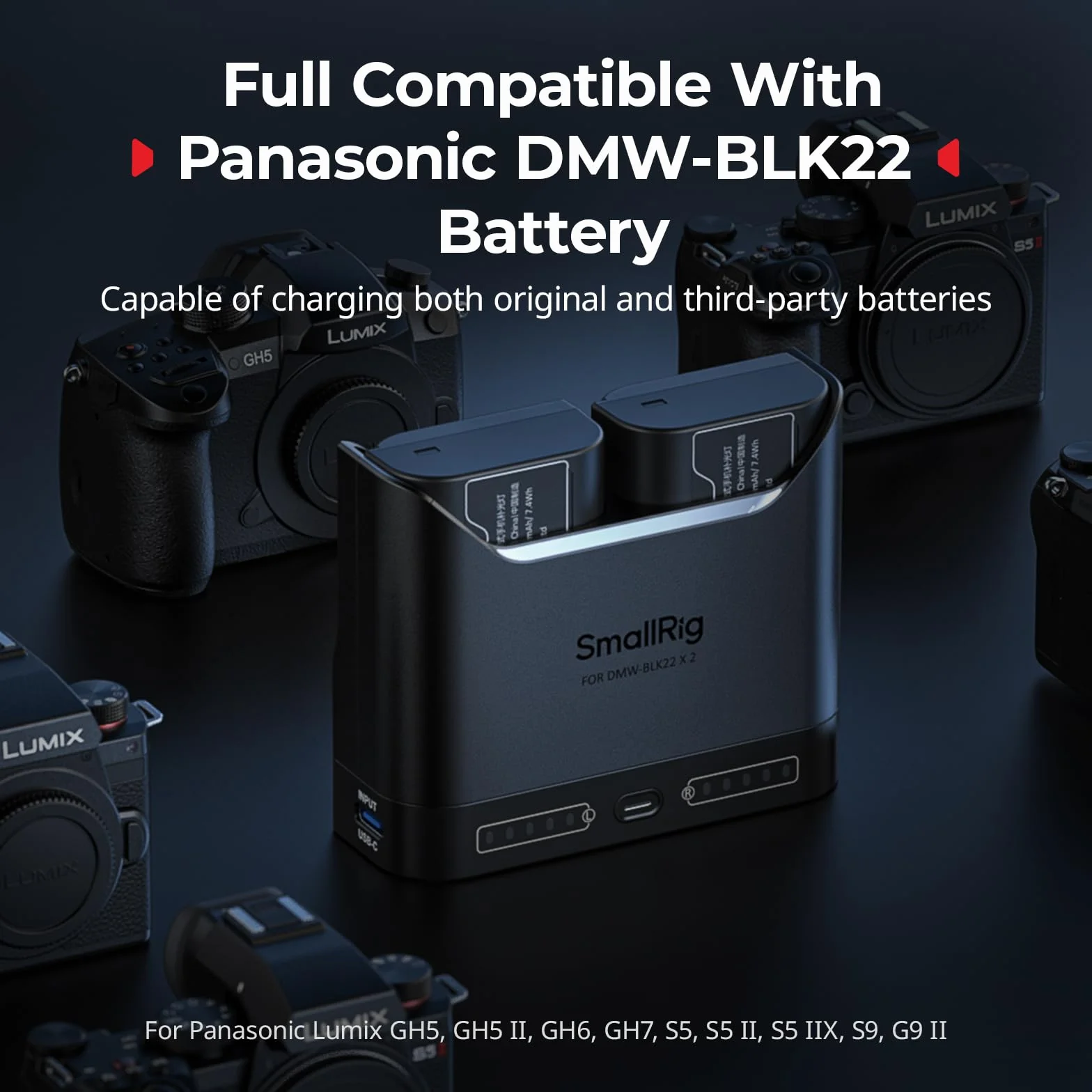 SMALLRIG Ładowarka DMW-BLK22 do Panasonic 2-godzinna USB-C 22,5W kompatybilna Lumix GH5 GH5 II GH6 GH7 S5