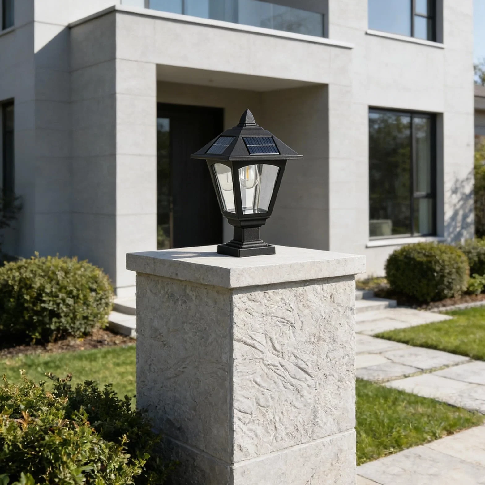 2 szt. ogrodowych lamp solarnych, ciepłe światło 3000 K, solarne latarnie słupkowe, 30 x 5,9 x 28 cm, podstawa do montażu na molo, oświetlenie zewnętrzne, nie wymaga okablowania