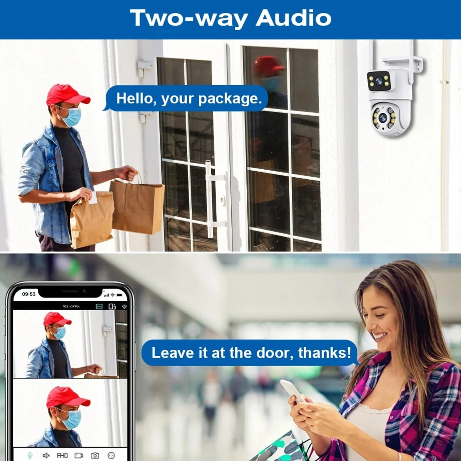 Kamera IP WiFi 6MP z podwójnym obiektywem, zewnętrzna, bezprzewodowa, do monitoringu domu, z wykrywaniem osób, z podwójnym ekranem(ADD 64G)