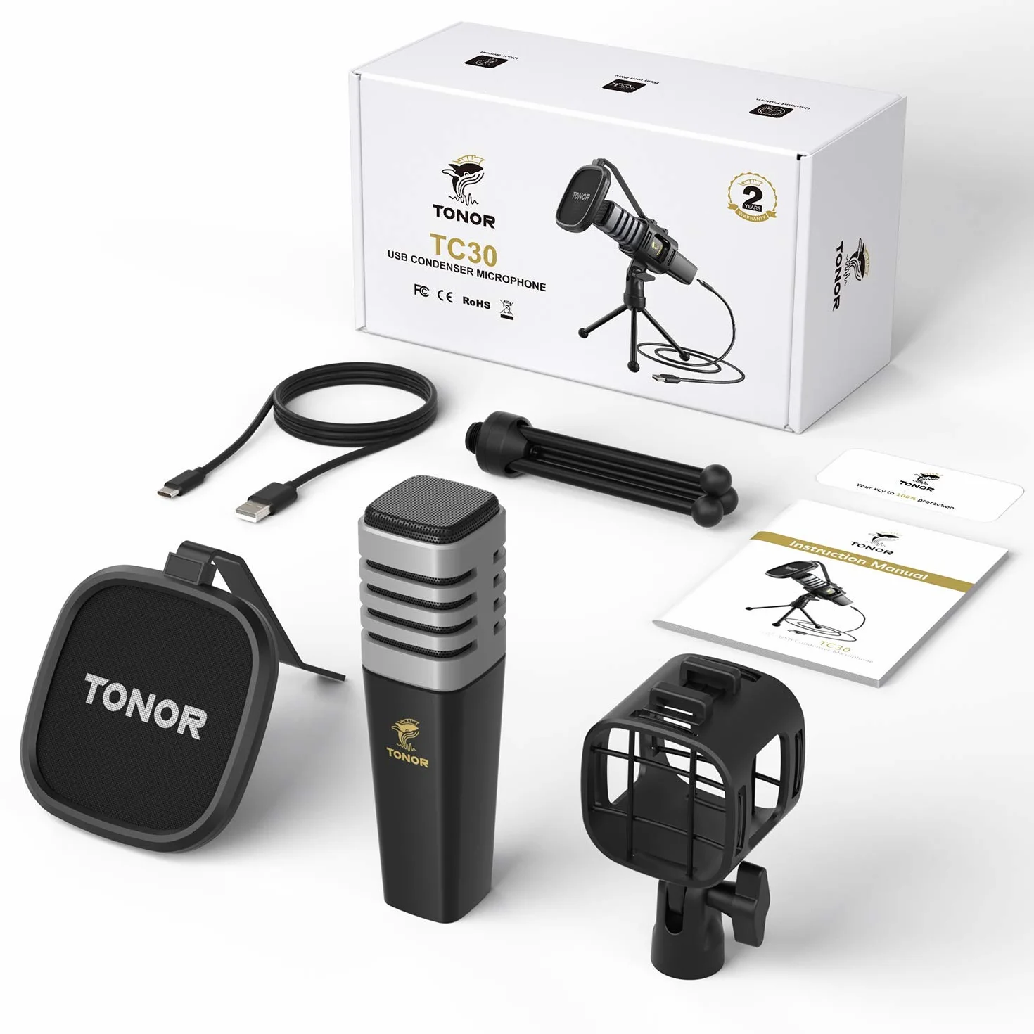 TONOR TC30 Pojemnościowy mikrofon USB z trójnożnym statywem do podcastów, YouTube, transmisji i rozmów Skype