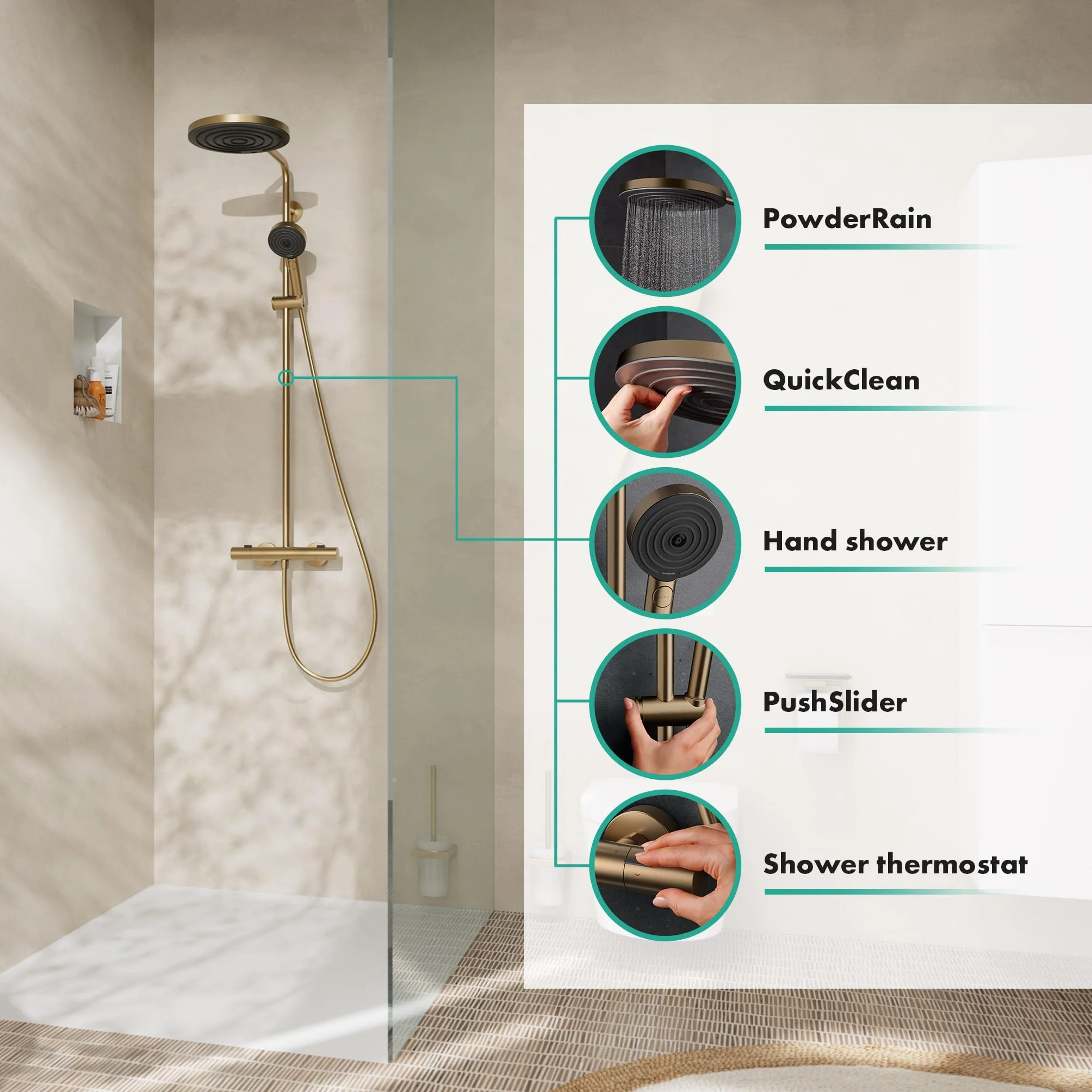 hansgrohe Pulsify S Puro - komplet prysznicowy z termostatem, zestaw prysznicowy z główką prysznicowa 3-strumieniowa, wąż, szyna i deszczownica okrągła (⌀ 260 mm), brąz szczotkowany, 24236140